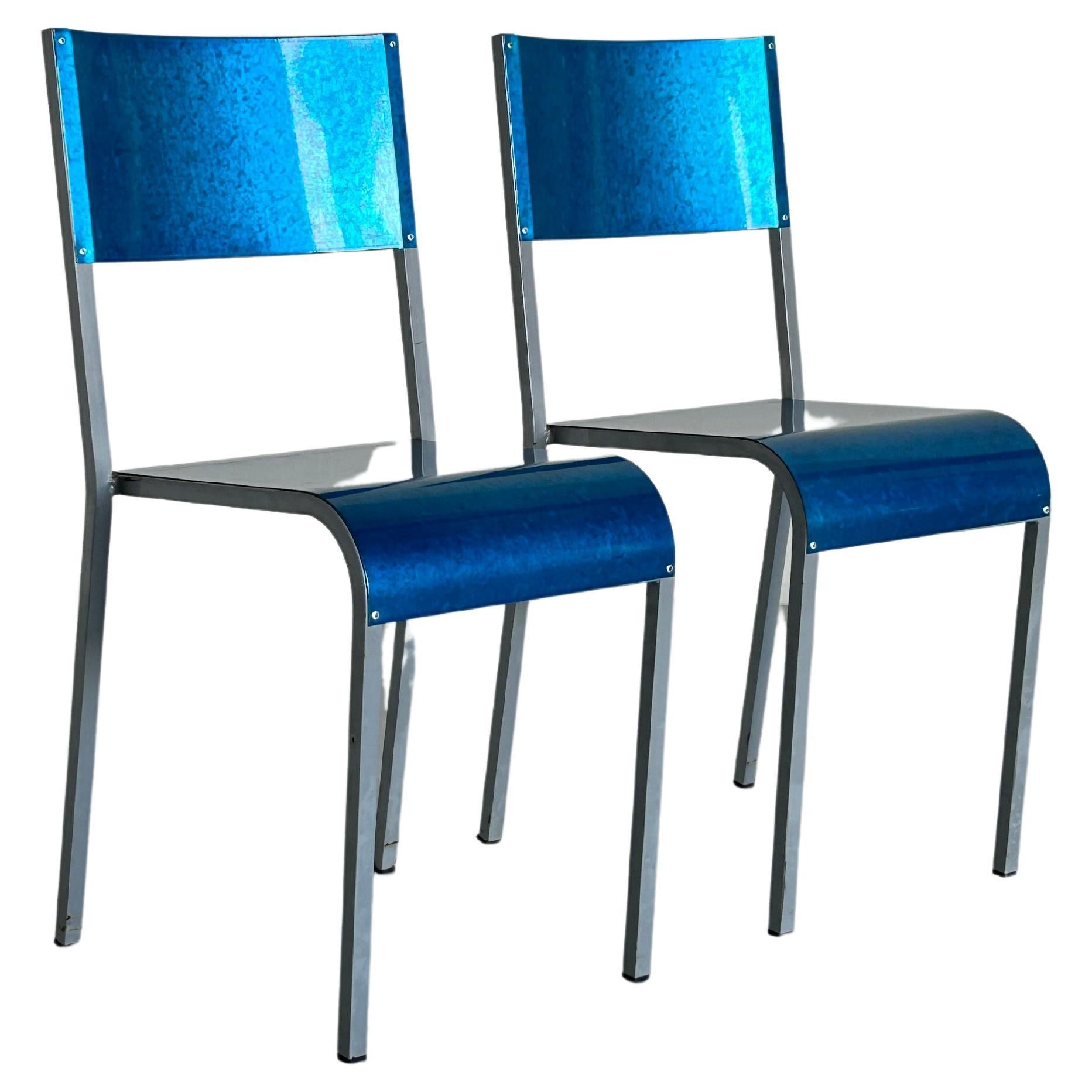 Pair of Blue Postmodern Industrial Metal Dining Chairs by Parisotto, 1980s Italy For Sale