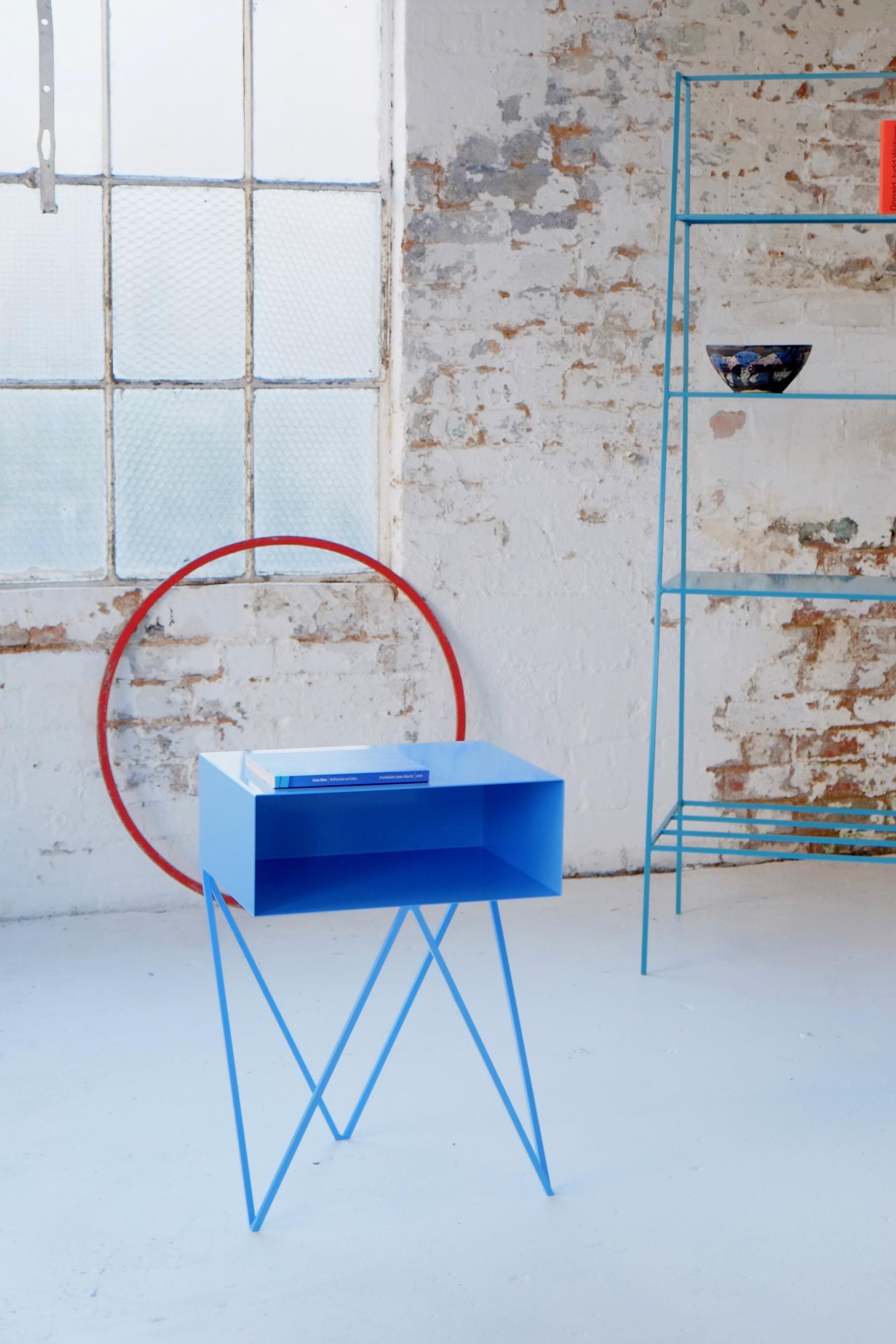 Powder-Coated Pair of Blue Powder Coated Steel Robot Bedside Tables, End Tables For Sale