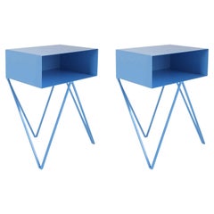 Pair of Blue Powder Coated Steel Robot Bedside Tables, End Tables