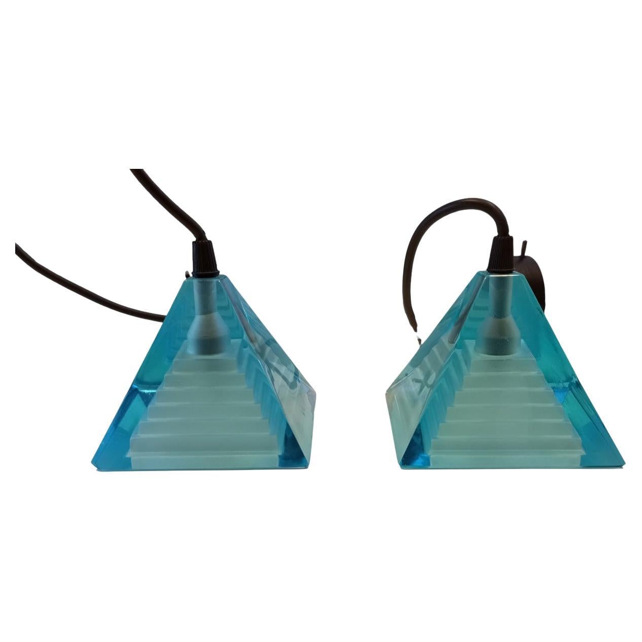 Pair of blue 'Pyramid' lamps designed by Paolo Piva for Mazzega  Murano glass 
