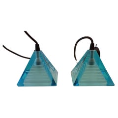 Pair of blue 'Pyramid' lamps designed by Paolo Piva for Mazzega  Murano glass