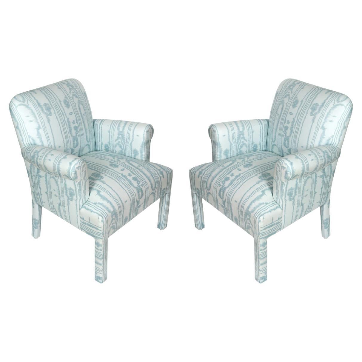 Pair of Blue Quadrille Faux Bois Donghia Style Armchairs