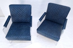 Pair of blue Quilted Leather Upholstery Seats Lucite Base Arm Lounge Club Chairs