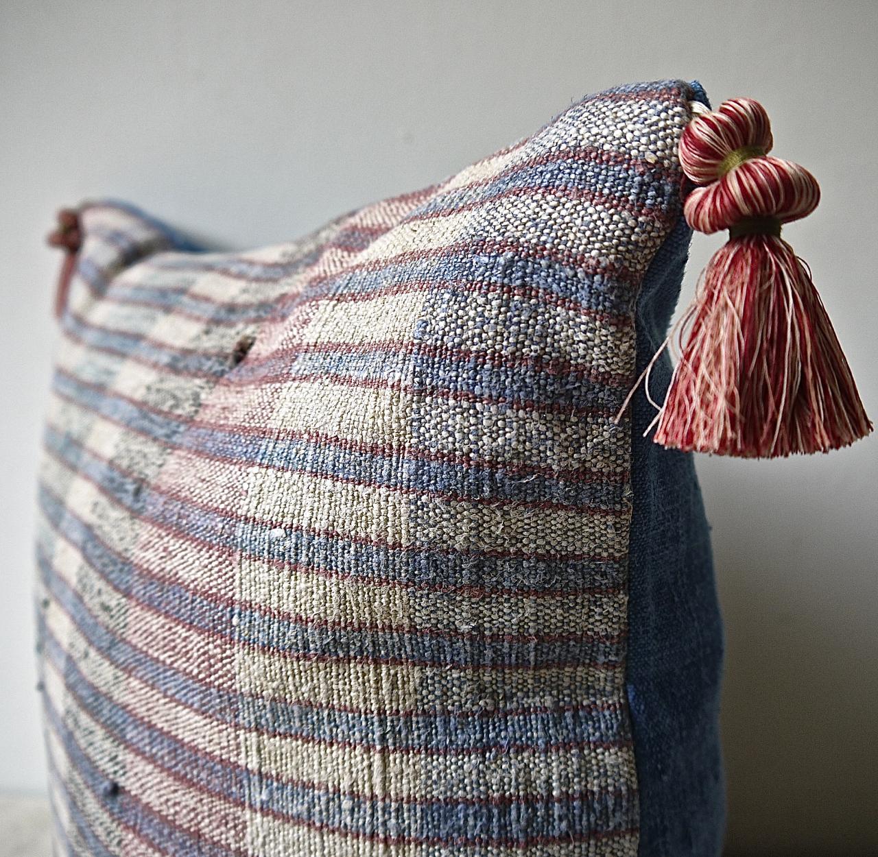 Country Pair of Blue Red White Hemp and Cotton Striped Pillows Portugese, 19th Century For Sale