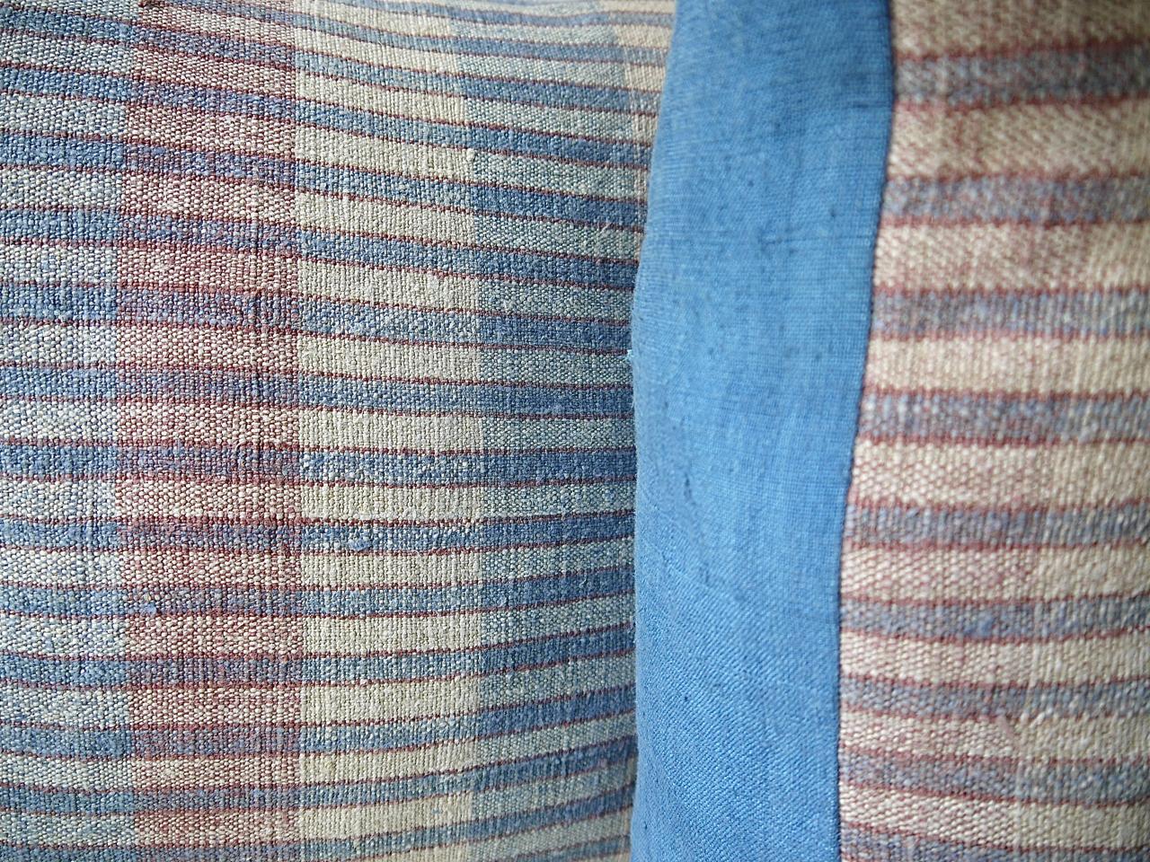 Pair of Blue Red White Hemp and Cotton Striped Pillows Portugese, 19th Century In Good Condition For Sale In London, GB