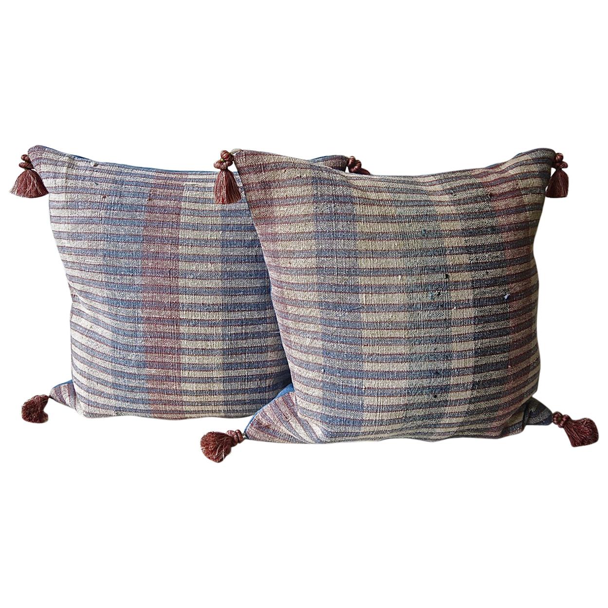 Pair of Blue Red White Hemp and Cotton Striped Pillows Portugese, 19th Century For Sale