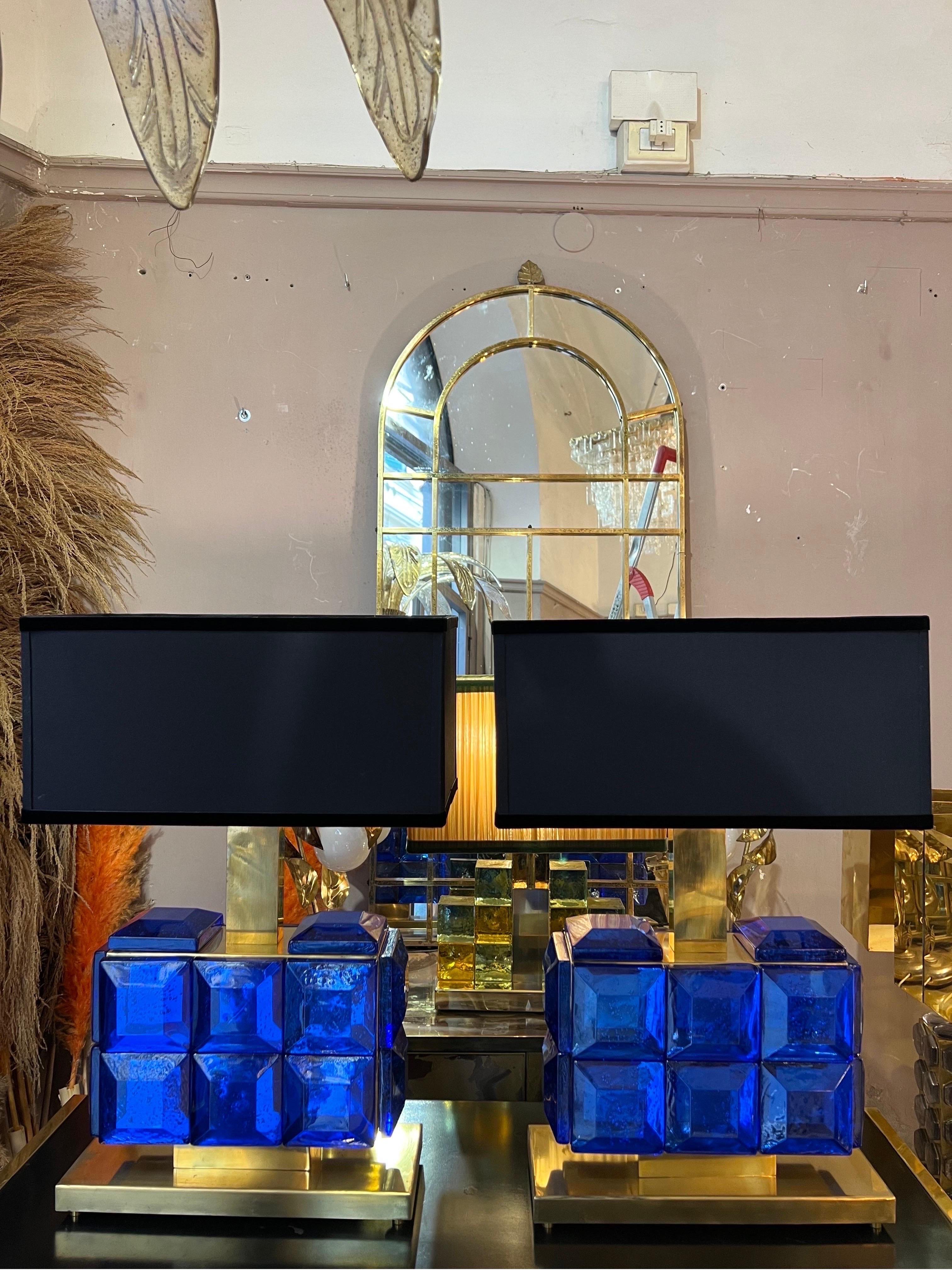 Modern Pair of Blue Sapphire Murano Glass Jewel Table Lamps with Black Lampshade, 1980s