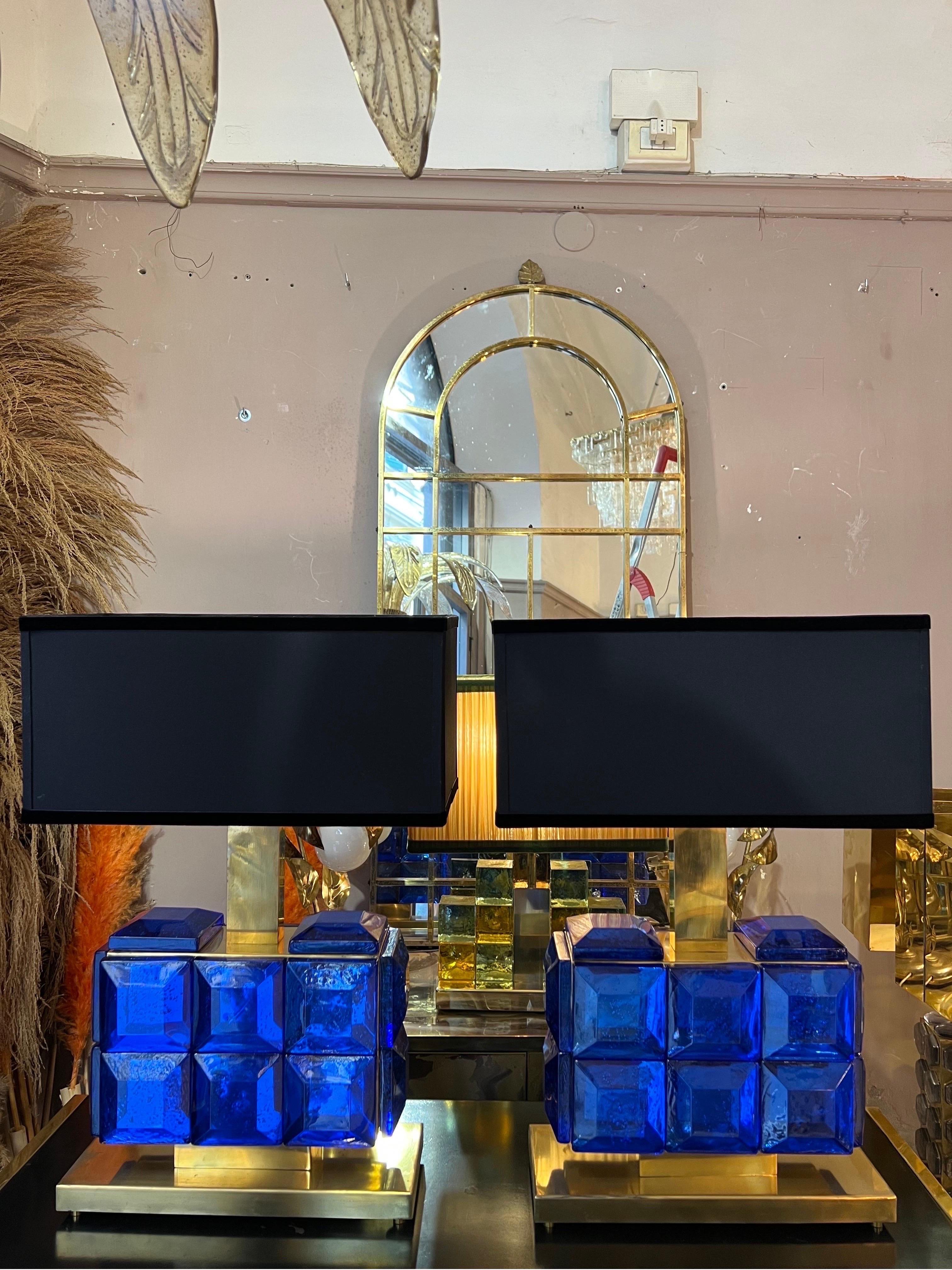 Pair of Blue Sapphire Murano Glass Jewel Table Lamps with Black Lampshade, 1980s In Excellent Condition In Florence, IT