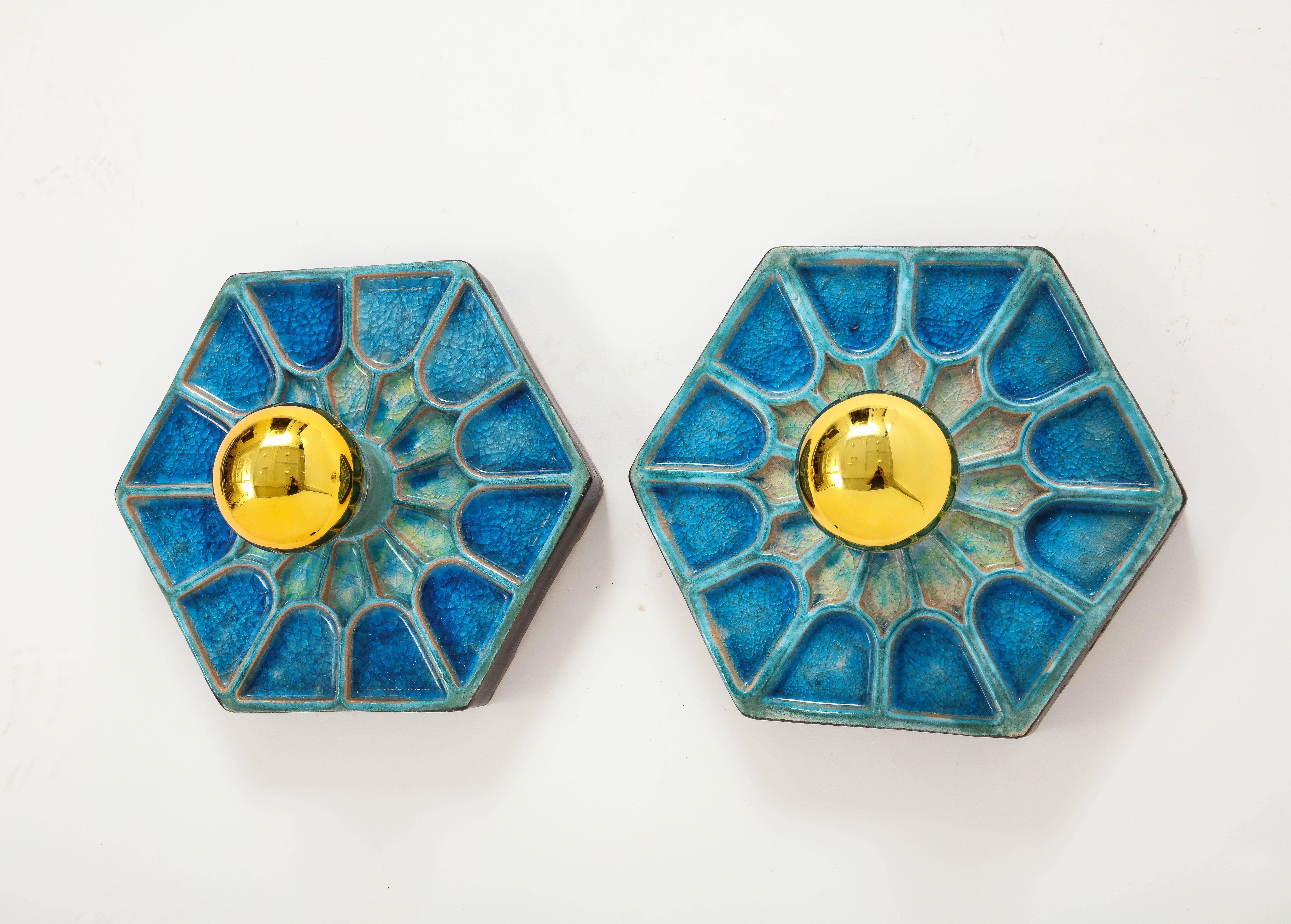 Pair of Blue Shades Ceramic Sconces, Scandinavia, 1970s For Sale 1