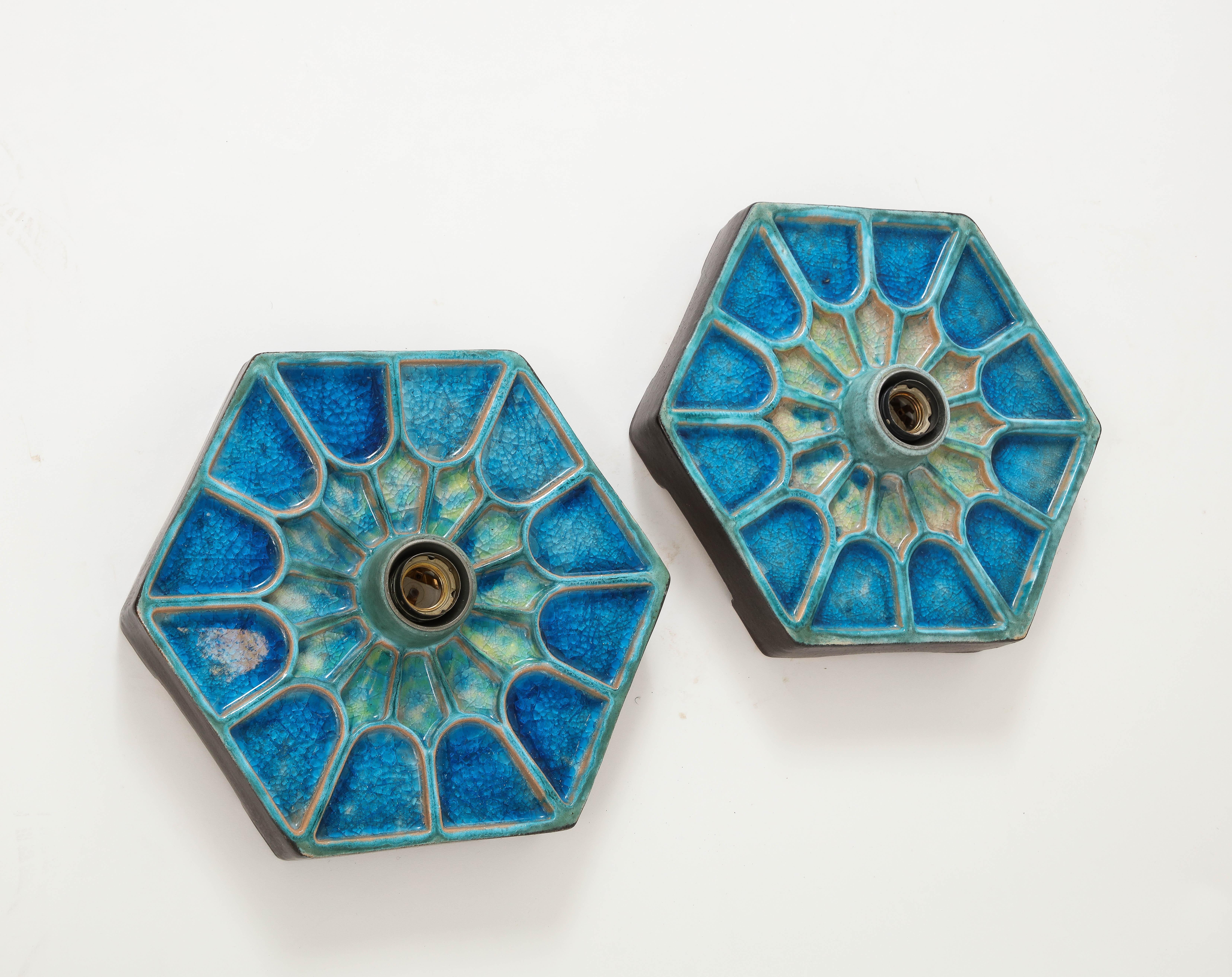 Pair of Blue Shades Ceramic Sconces, Scandinavia, 1970s For Sale 3