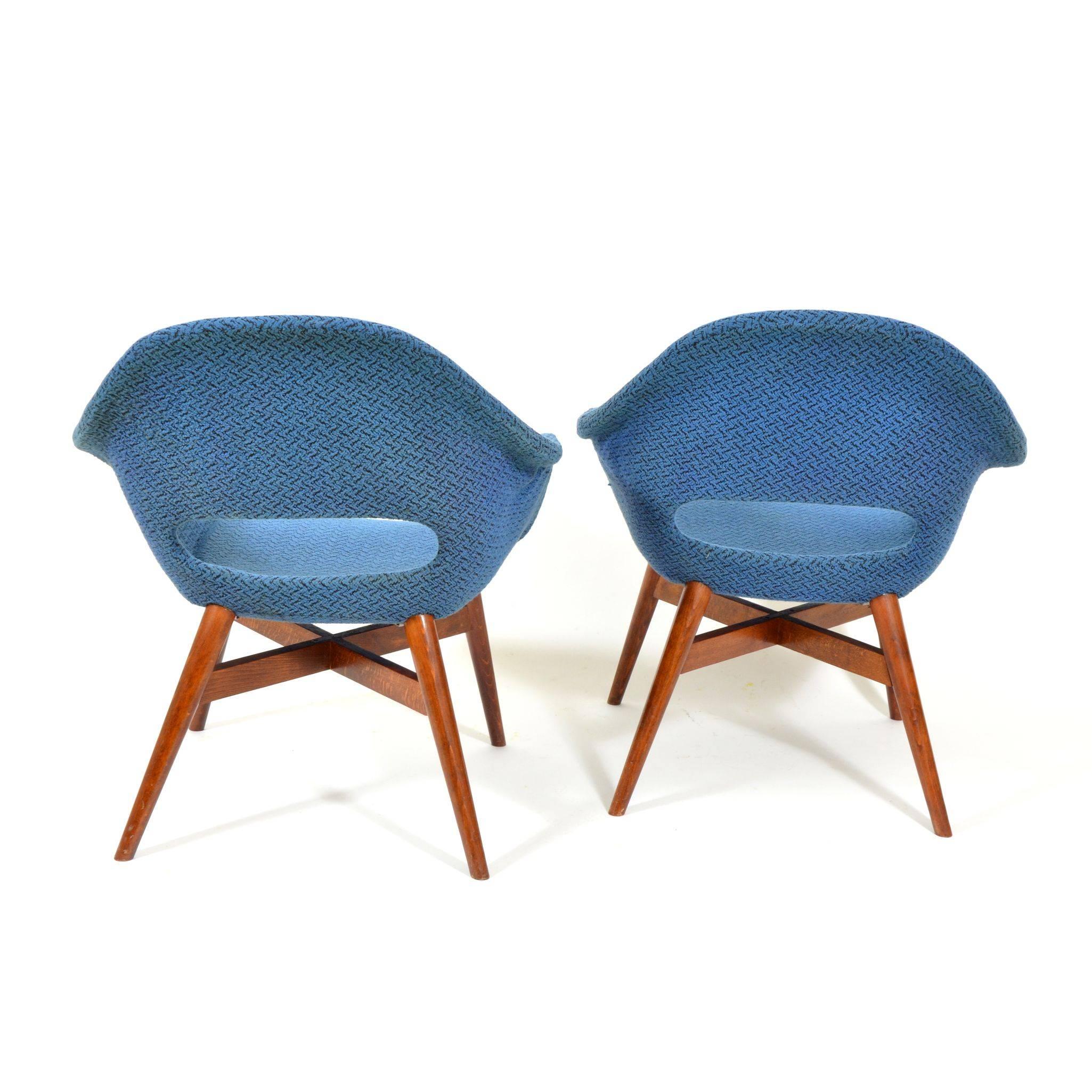European Pair of Blue Shell Chairs by Miroslav Navrátil, 1960s For Sale