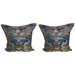 Pair of Blue Silk Brocade Cushions