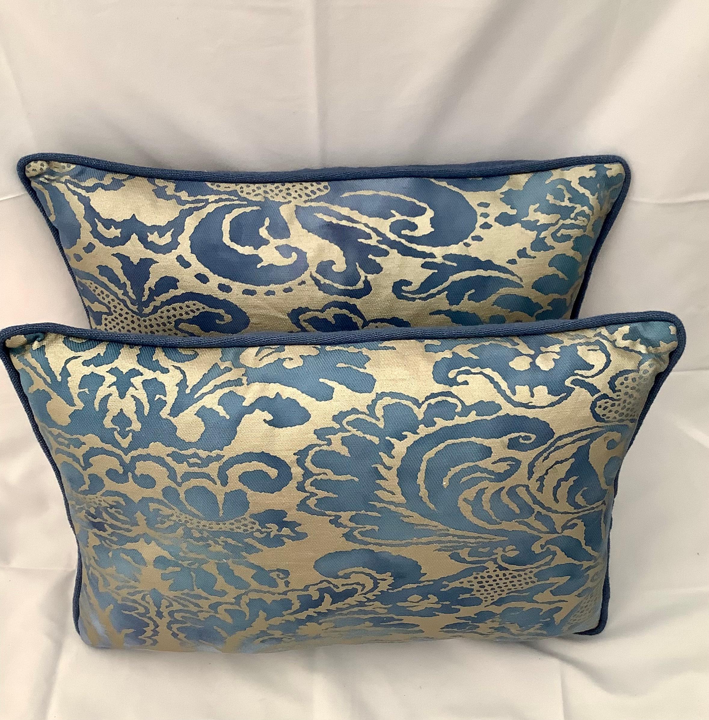 Pair of Blue & Silvery Gold Fortuny Pillows In Excellent Condition In Los Angeles, CA