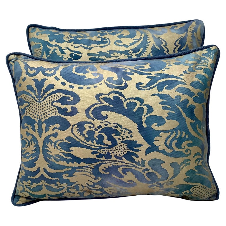 Pair of Blue and Silvery Gold Fortuny Pillows For Sale at 1stDibs