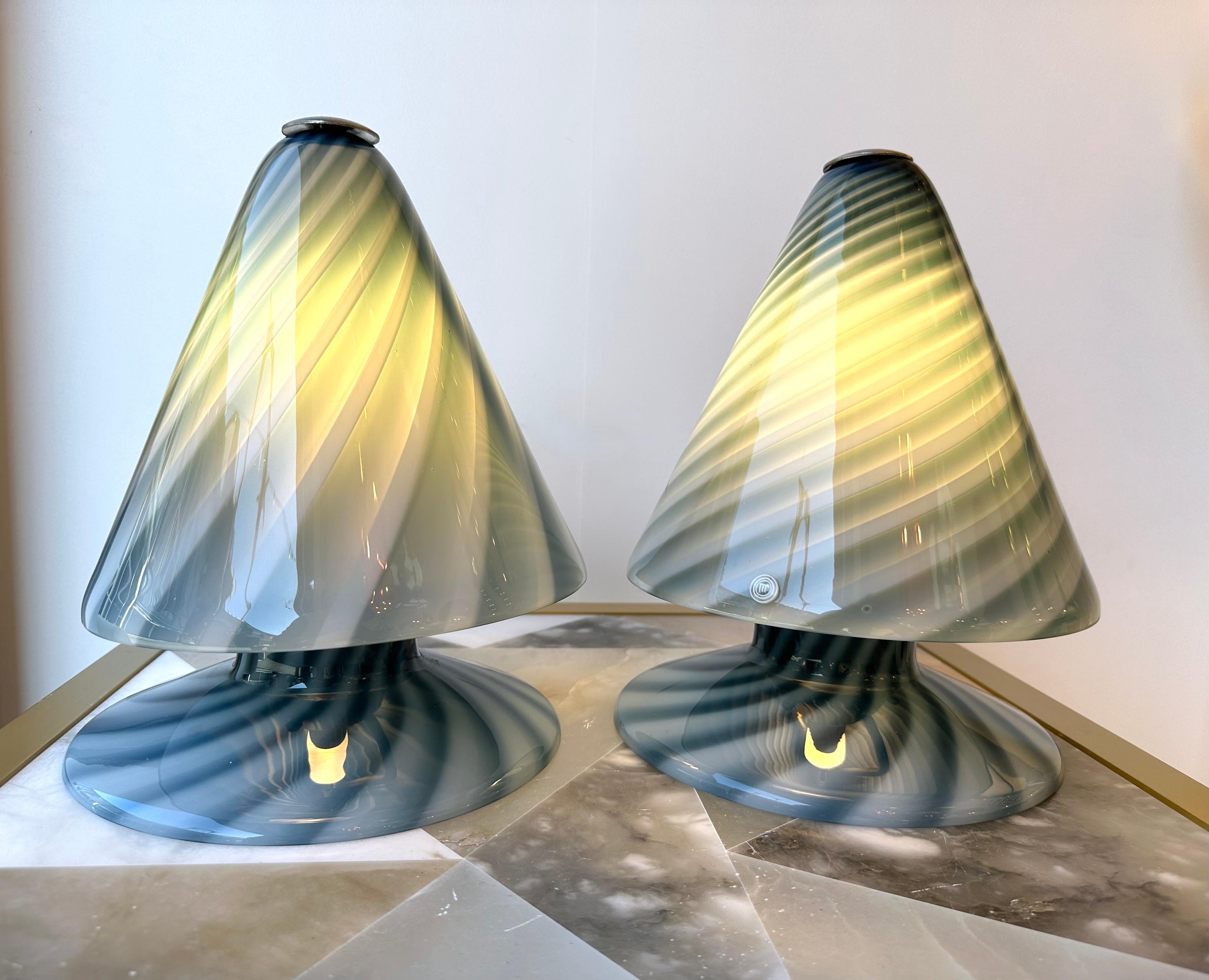 Mid-Century Modern Pair of Blue Spiral Murano Glass Lamps by La Murrina, Italy, 1970s For Sale
