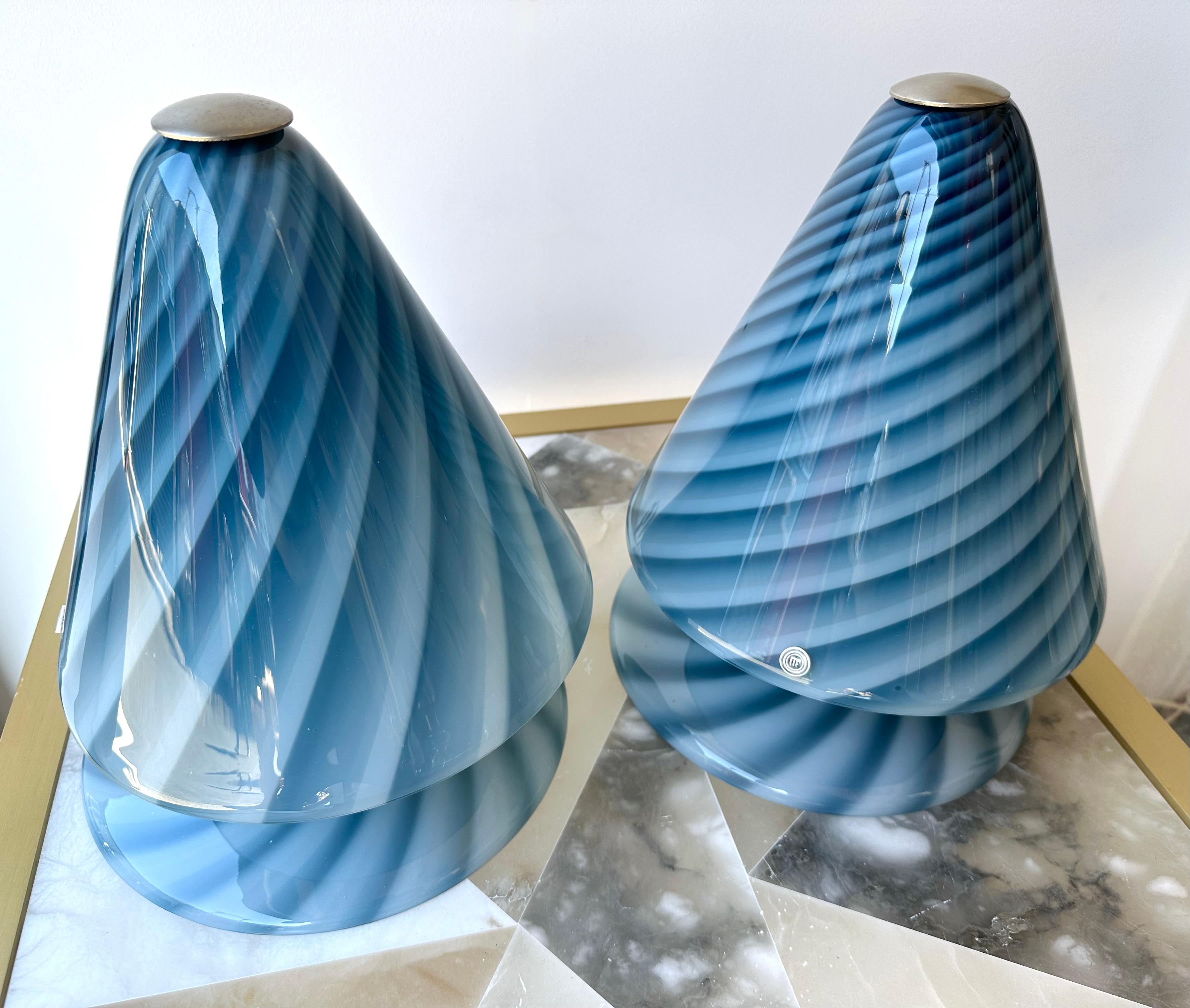 Late 20th Century Pair of Blue Spiral Murano Glass Lamps by La Murrina, Italy, 1970s For Sale