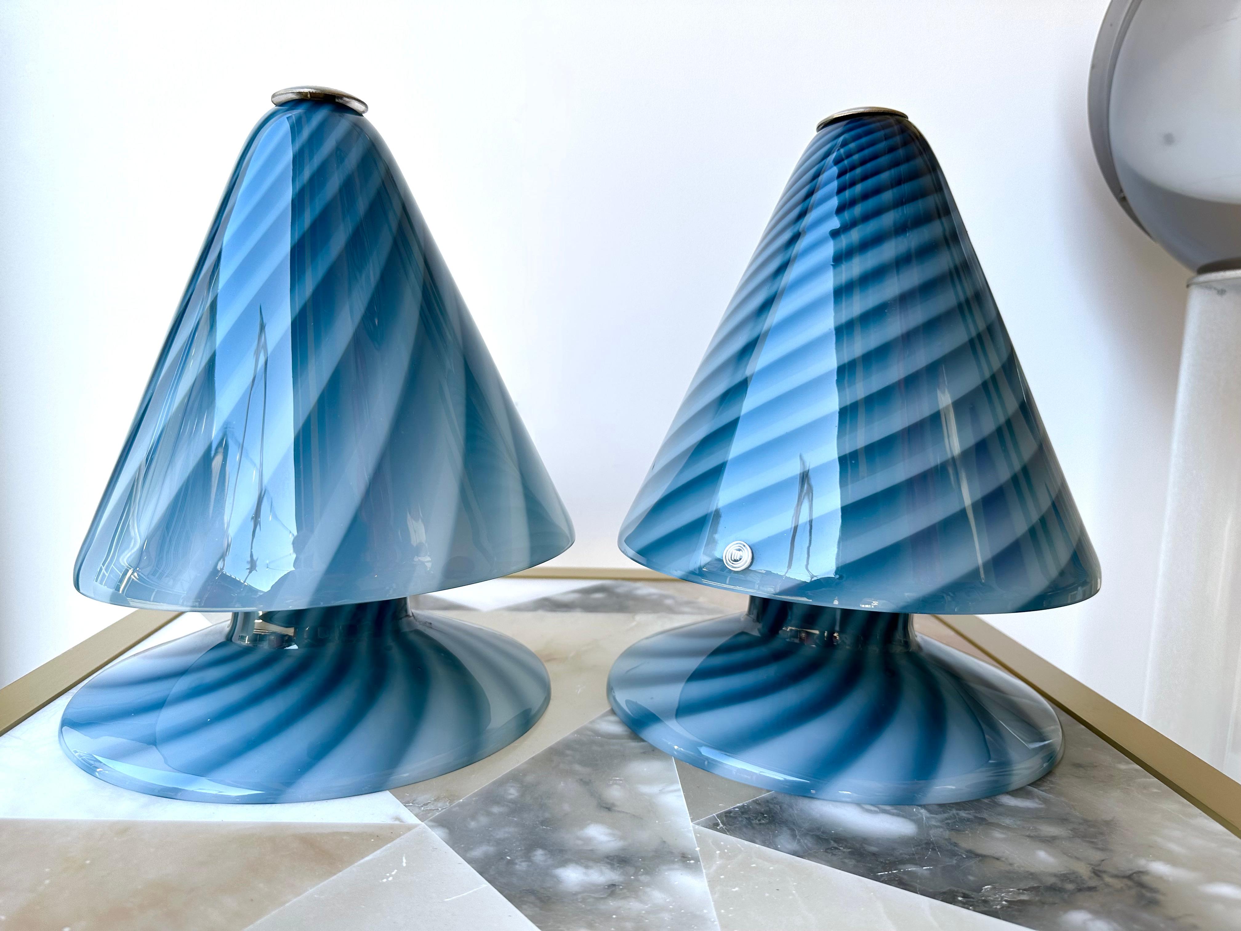 Metal Pair of Blue Spiral Murano Glass Lamps by La Murrina, Italy, 1970s For Sale
