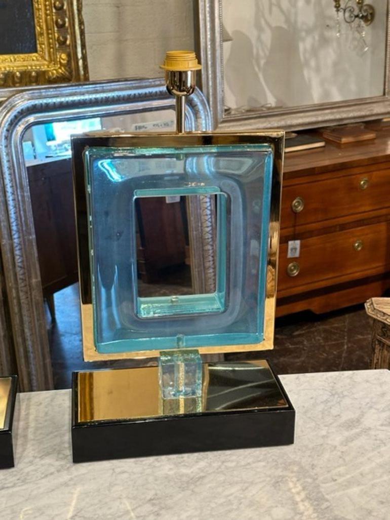 Stylish pair of square shaped blue Murano glass lamps on brass bases. Creates an upscale designer look! Outstanding!