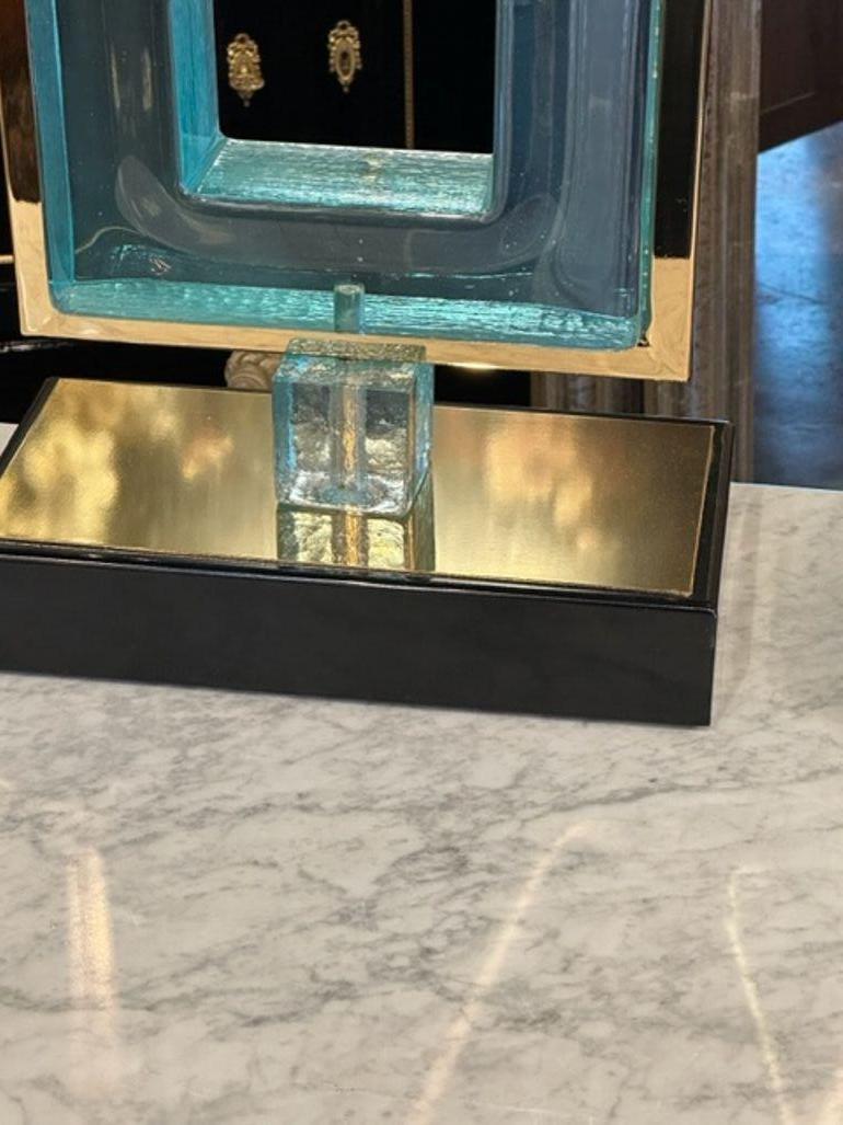 italien Paire de lampes carrées bleues en verre de Murano en vente