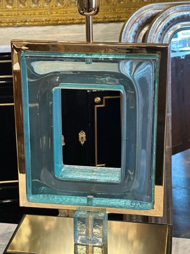 Pair of Blue Square Murano Glass Lamps In Good Condition For Sale In Dallas, TX