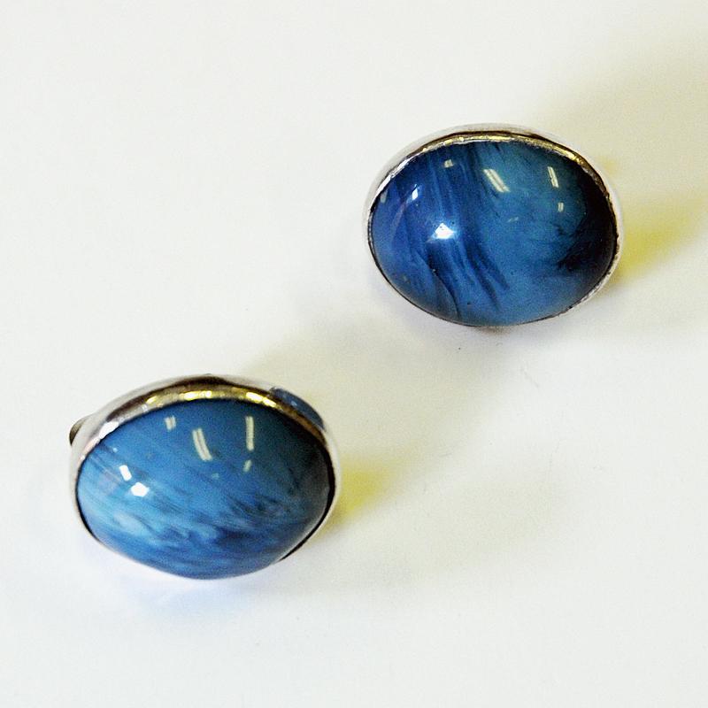 Polished Pair of Blue Stone vintage Silver Earrings by Asp AB, Sweden 1971