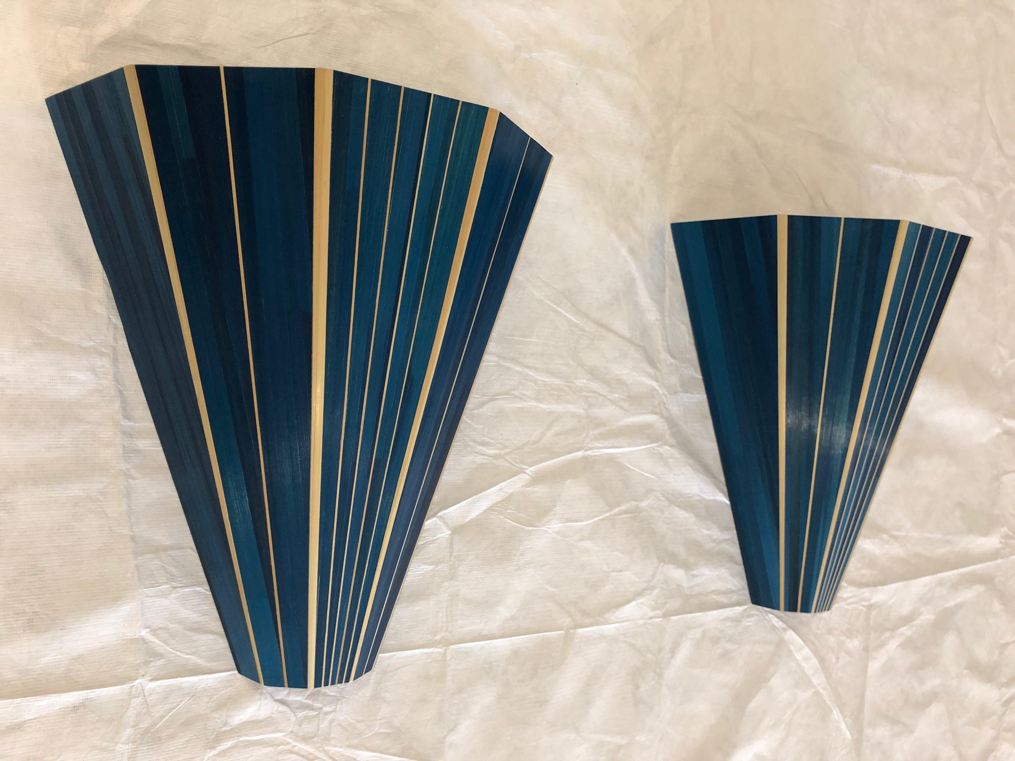 Aluminum Pair of Blue Straw Marquetry Sconces, France For Sale