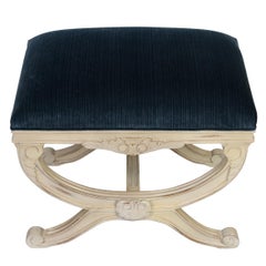 Pair of Blue Strie Velvet Painted Regency Style Curule Stools