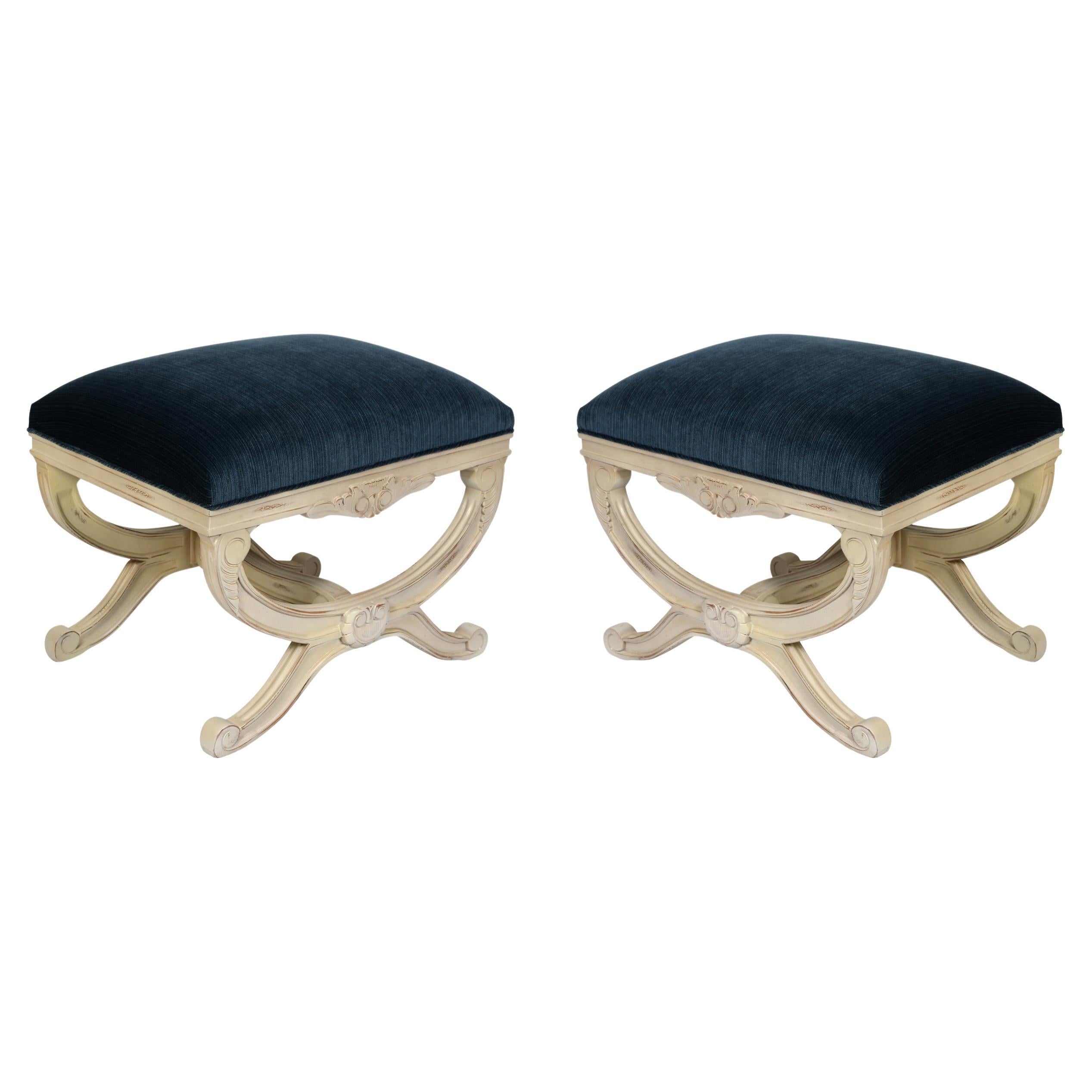 Pair of Blue Strie Velvet Painted Regency Style Curule Stools For Sale