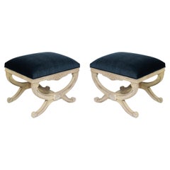 Retro Pair of Blue Strie Velvet Painted Regency Style Curule Stools