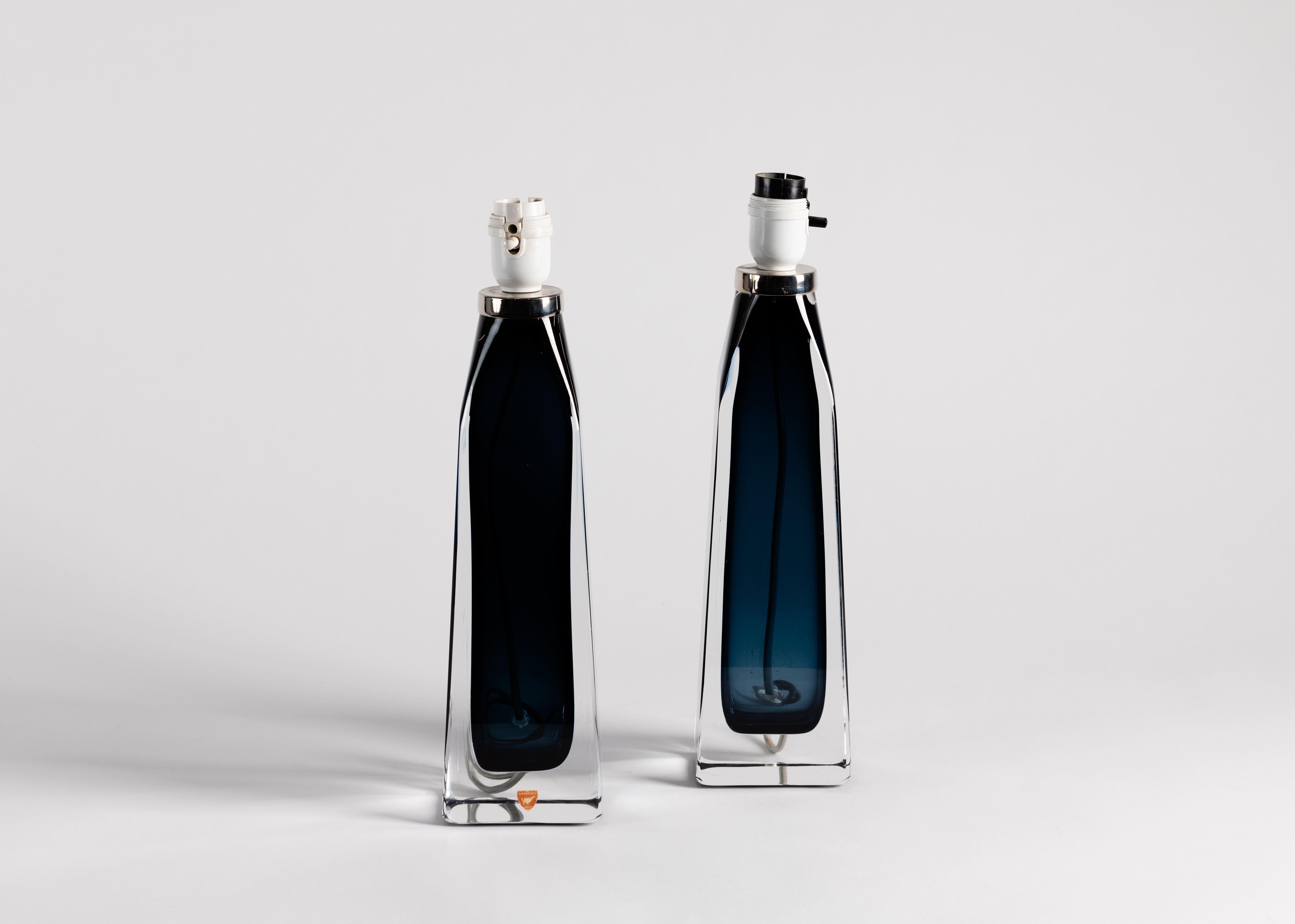 Swedish Pair of Blue Table Lamps by Carl Fagerlund for Orrefors, Sweden, circa 1960s For Sale