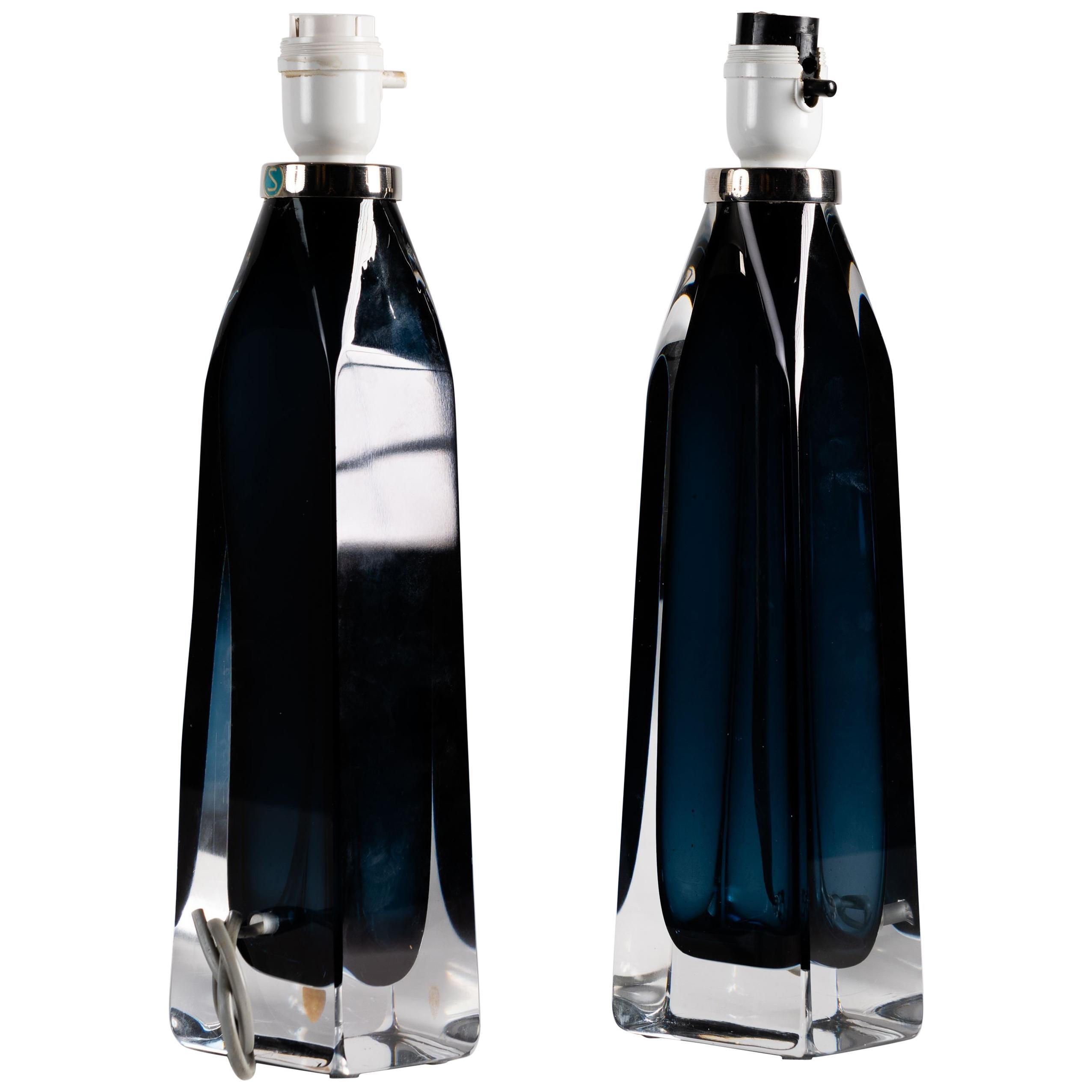 Pair of Blue Table Lamps by Carl Fagerlund for Orrefors, Sweden, circa 1960s For Sale