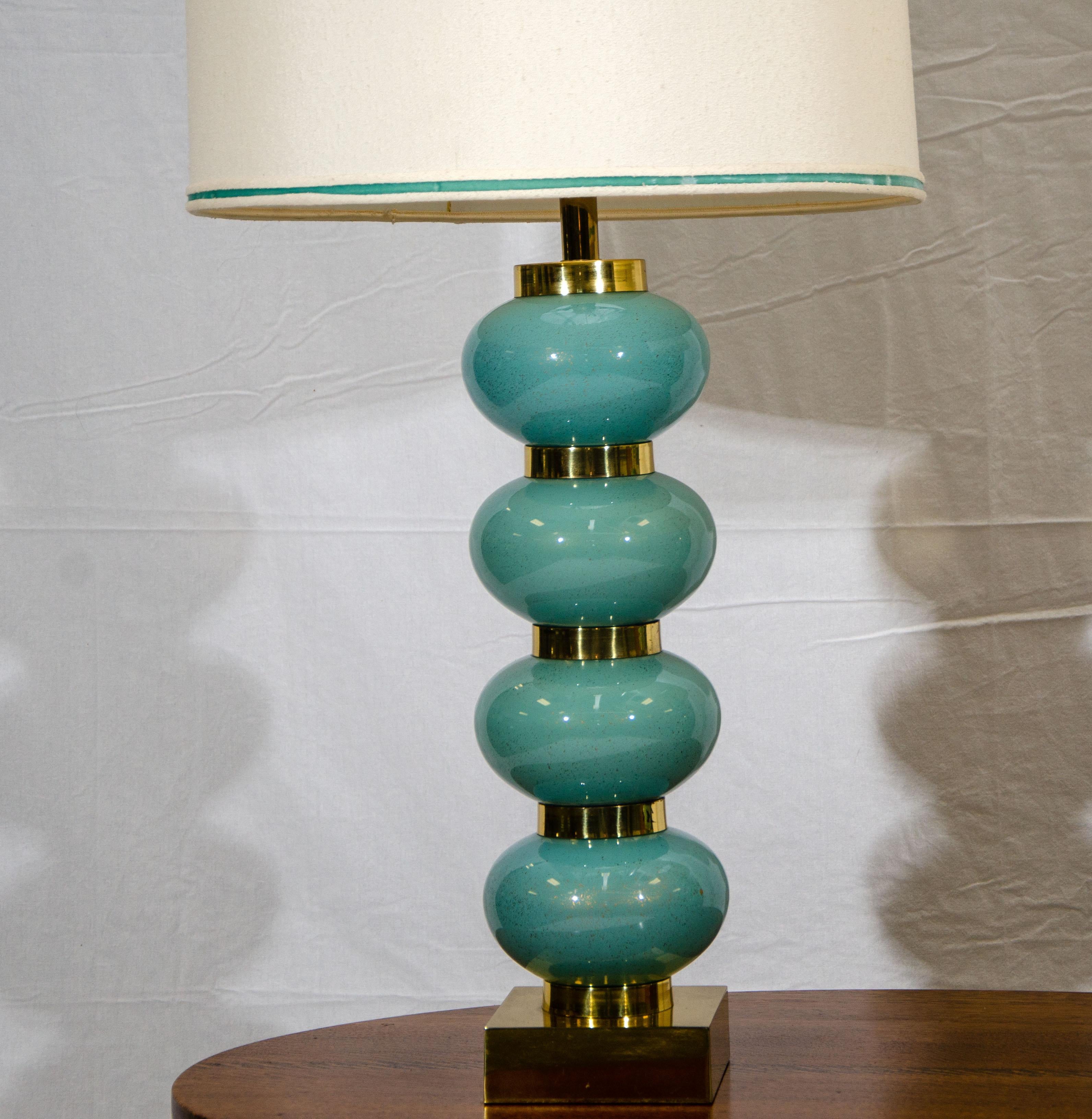 Mid-Century Modern Pair of Blue Table Lamps, Original Shades For Sale