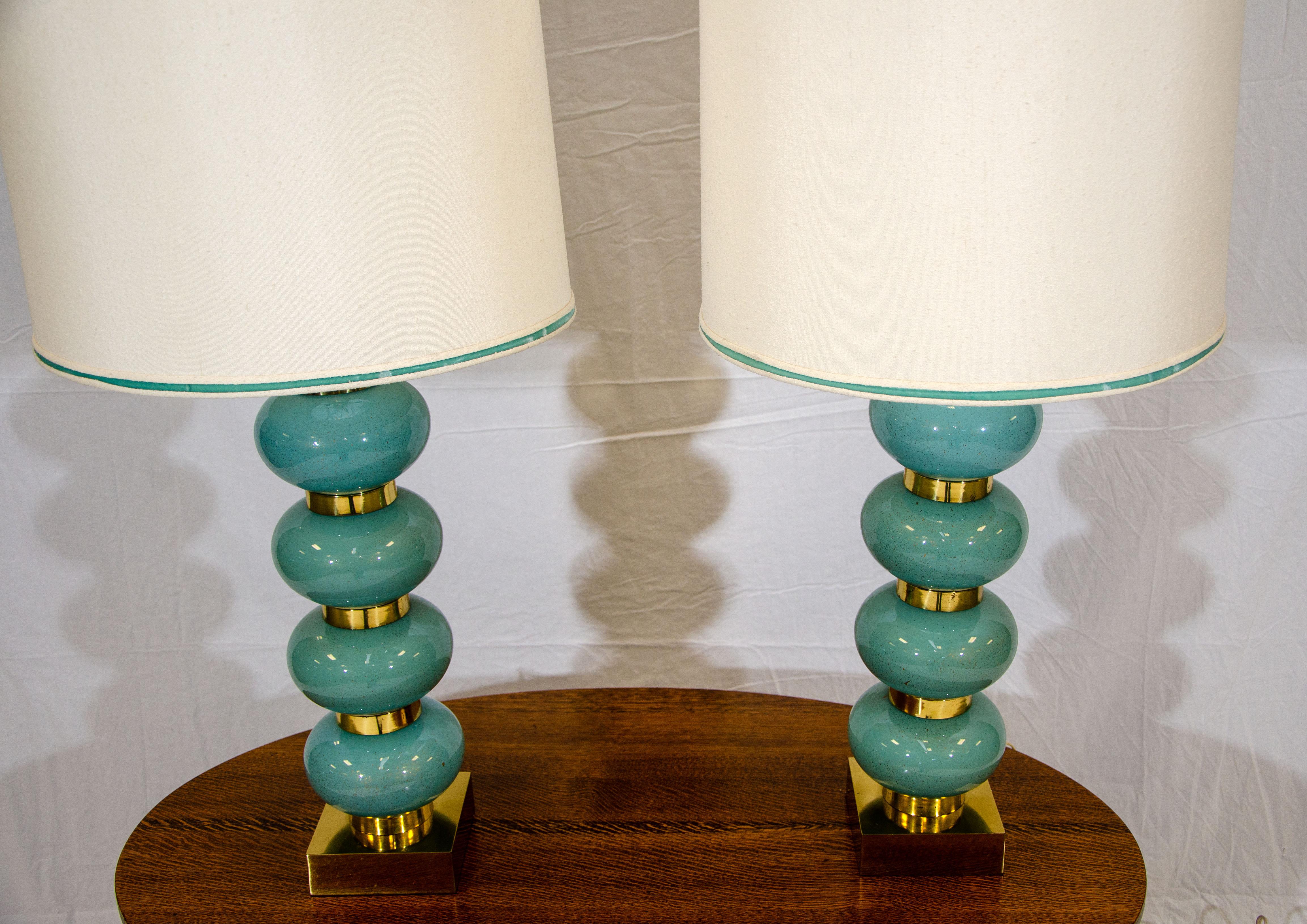 American Pair of Blue Table Lamps, Original Shades For Sale