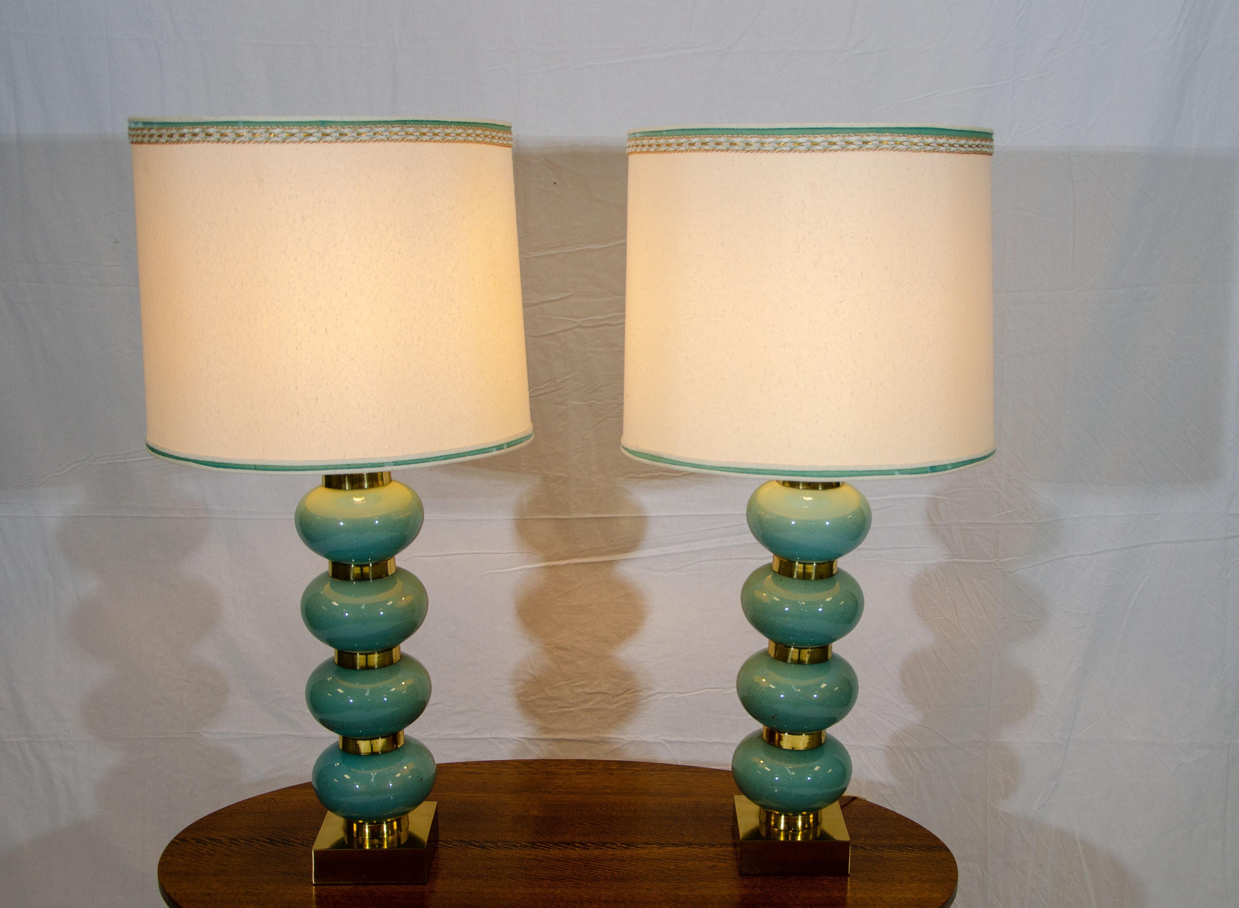 Pair of Blue Table Lamps, Original Shades In Good Condition For Sale In Crockett, CA