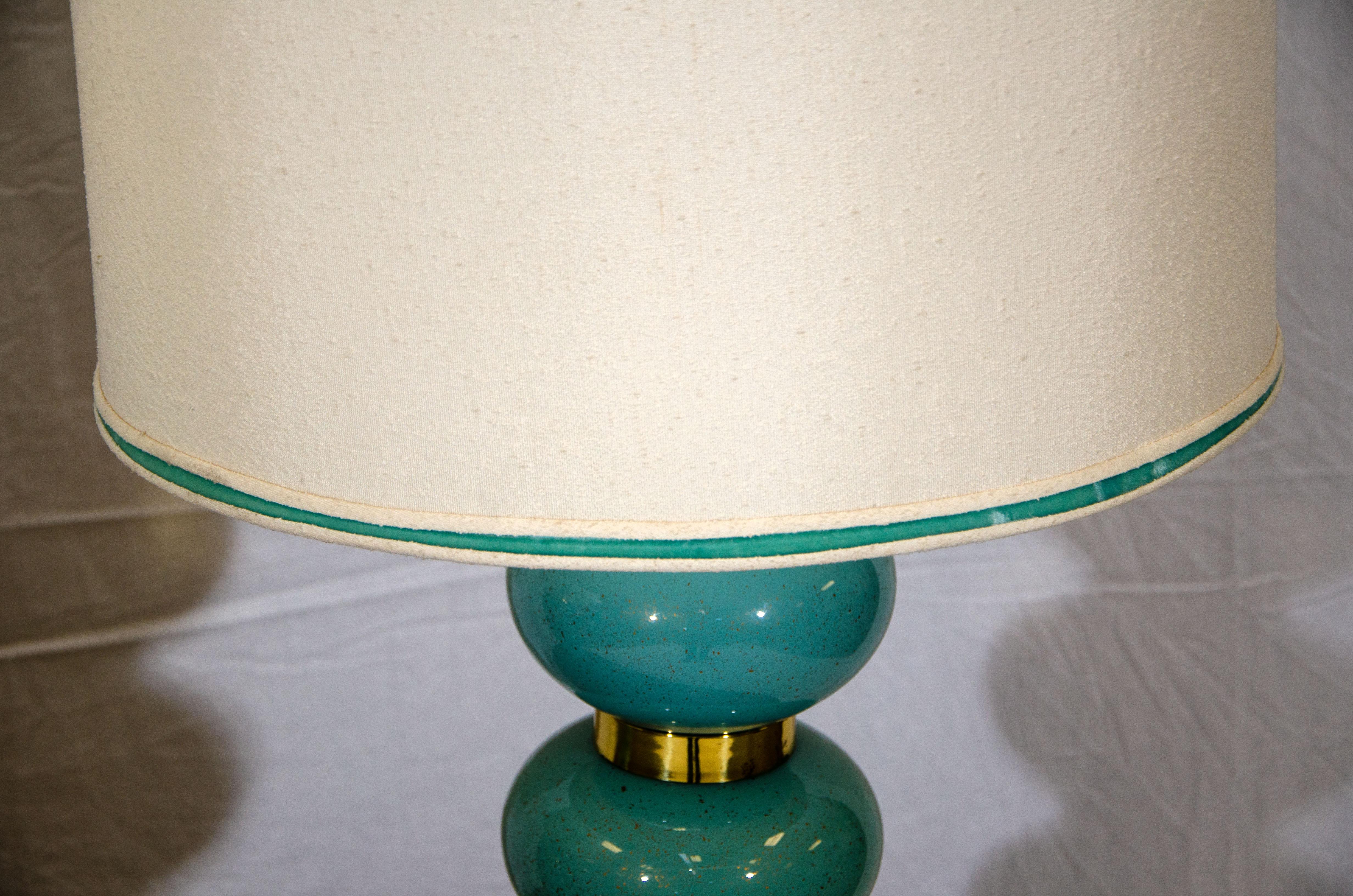 Brass Pair of Blue Table Lamps, Original Shades For Sale