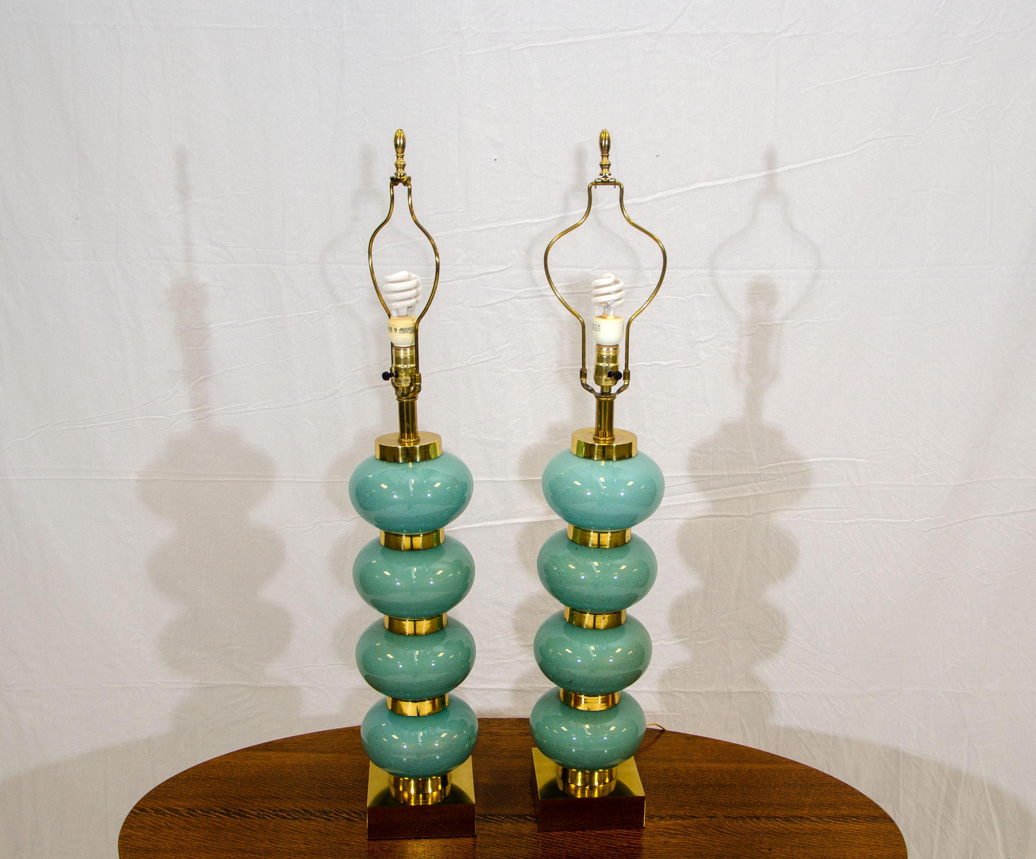 Pair of Blue Table Lamps, Original Shades For Sale 1