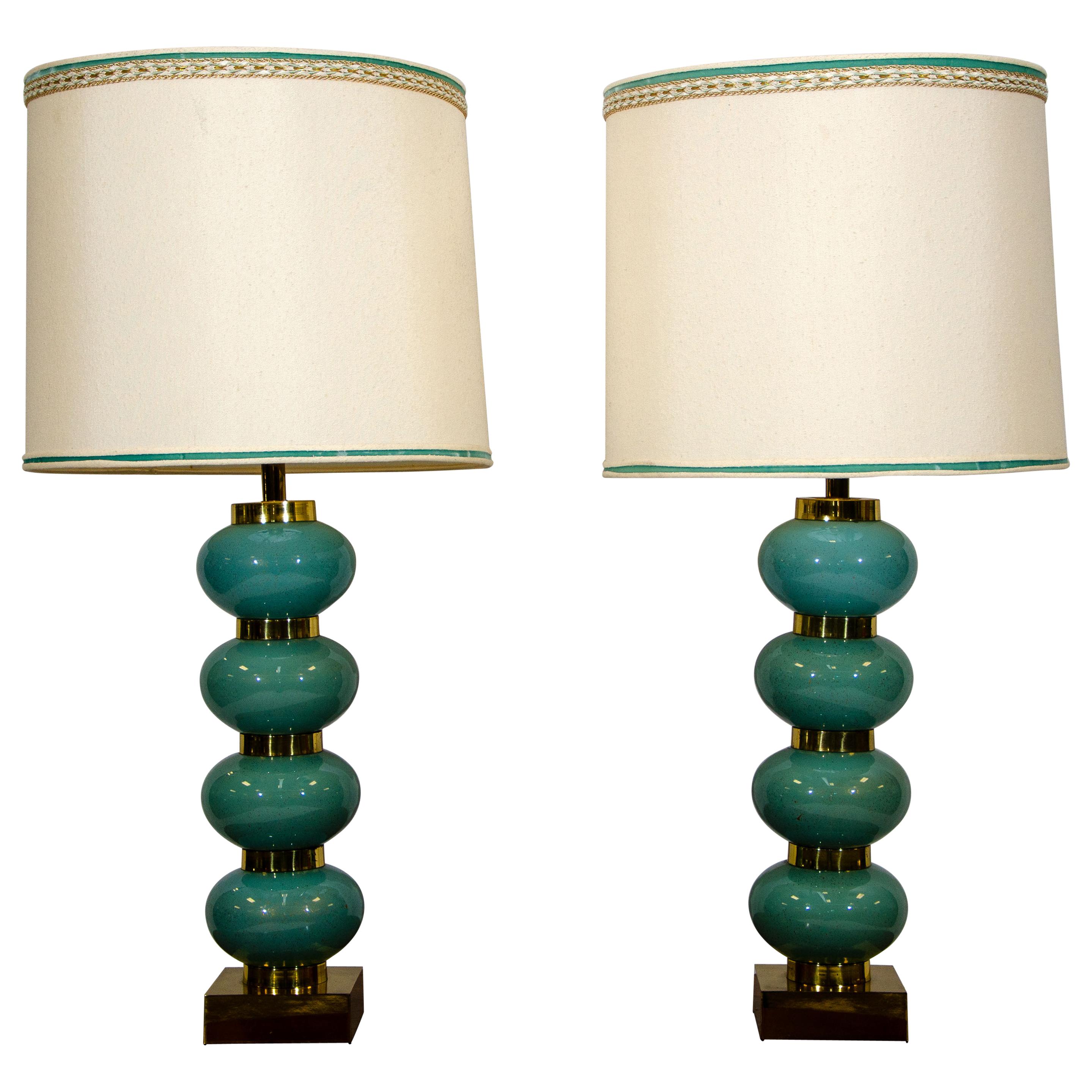 Pair of Blue Table Lamps, Original Shades For Sale