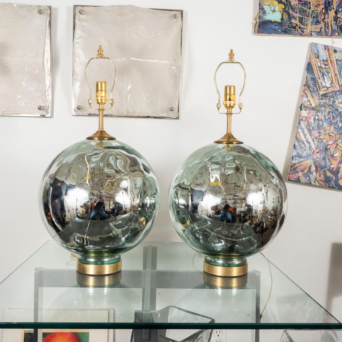 Mid-Century Modern Pair of Blue-Tinted Spherical Mercury Glass Lamps For Sale