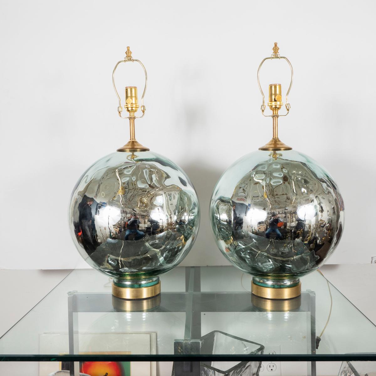 American Pair of Blue-Tinted Spherical Mercury Glass Lamps For Sale