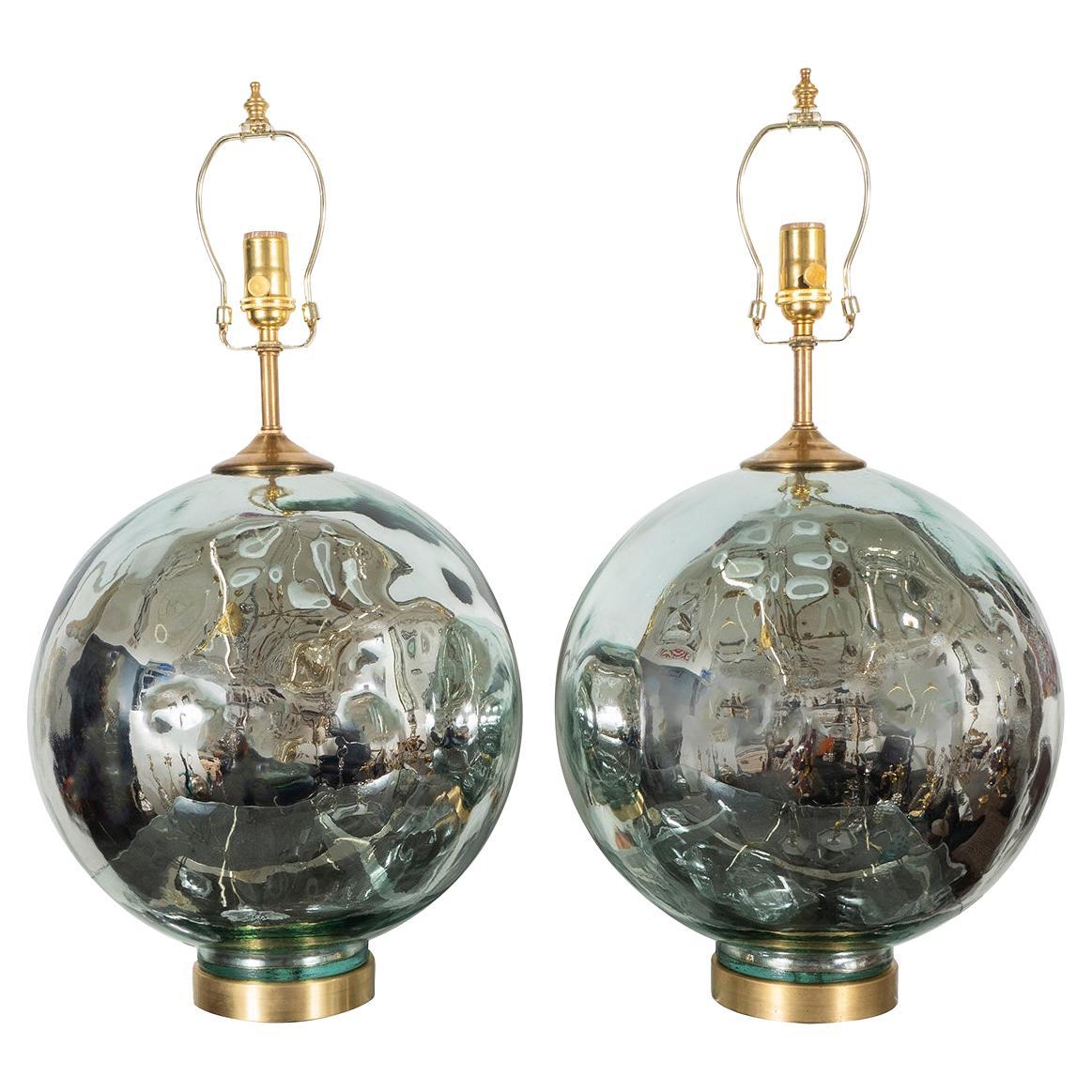 Pair of Blue-Tinted Spherical Mercury Glass Lamps For Sale