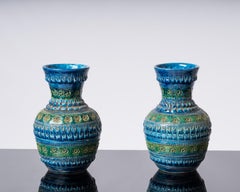 Pair of Blue Tones Bitosi Glazed Ceramic Vases by Aldo Londi - Italy 1960's