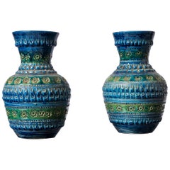 Pair of Blue Tones Bitosi Glazed Ceramic Vases by Aldo Londi - Italy 1960's