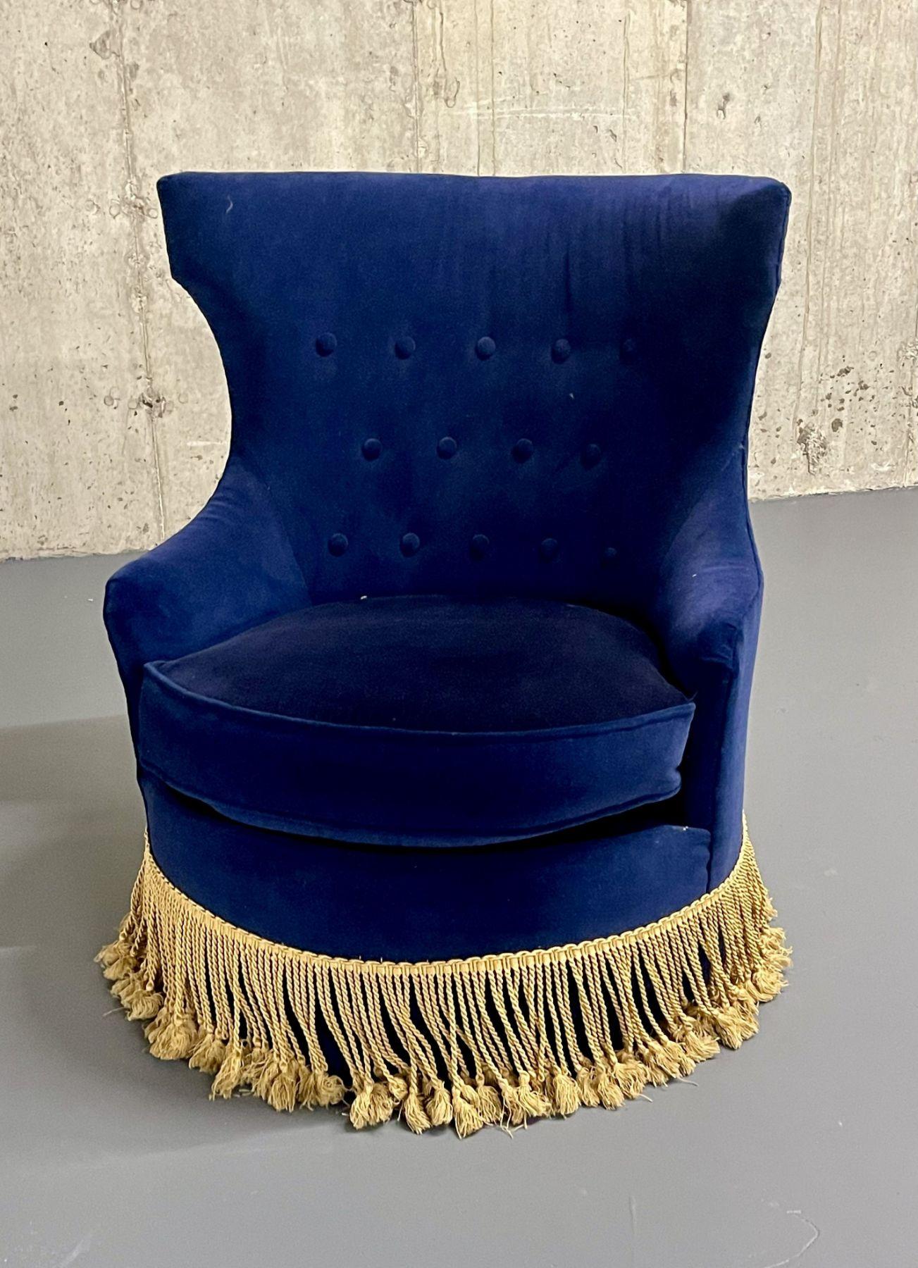American Pair of Blue Tufted Back Slipper Swivel Chairs, Velvet, Mid-Century Modern