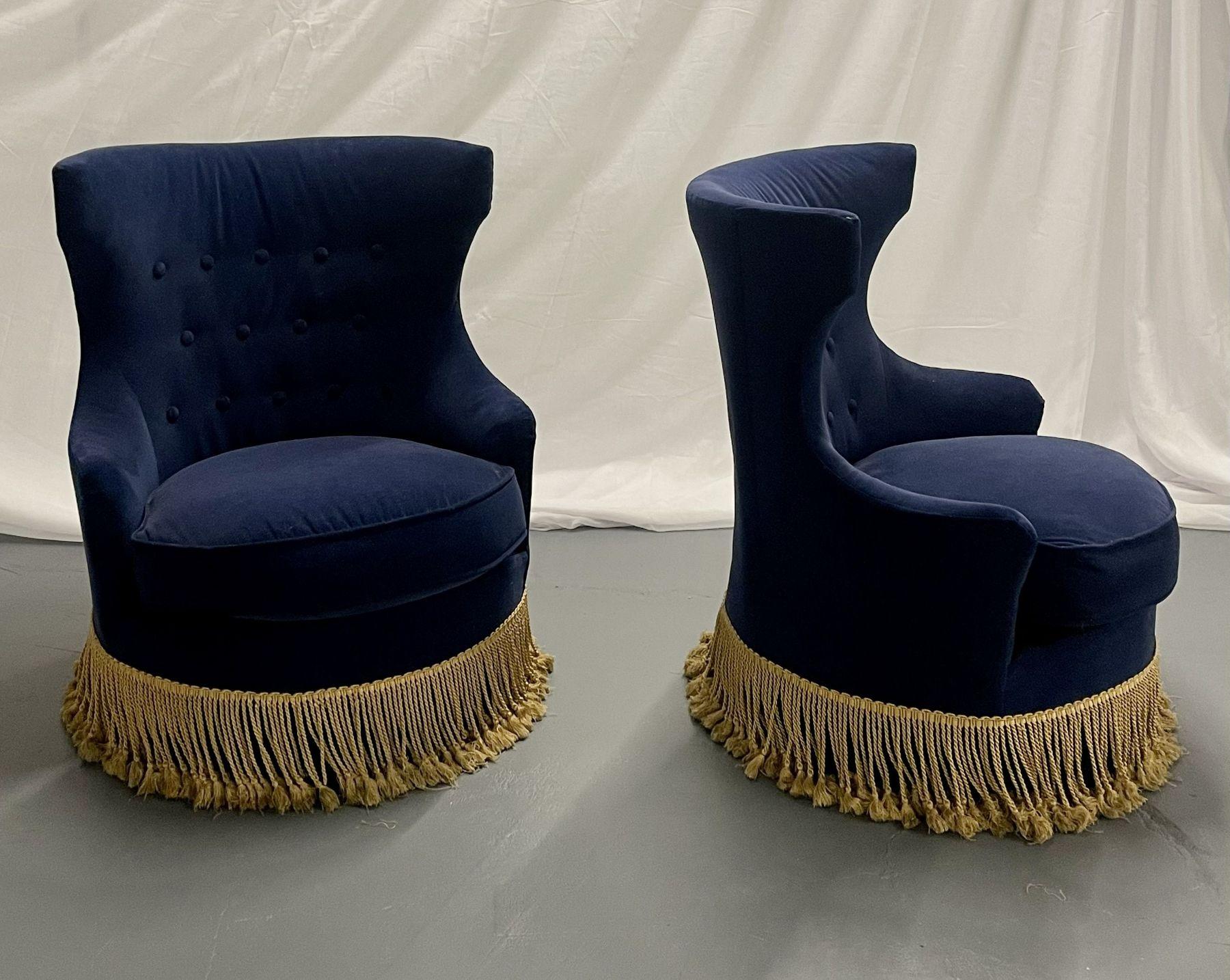 Pair of Blue Tufted Back Slipper Swivel Chairs, Velvet, Mid-Century Modern In Good Condition In Stamford, CT