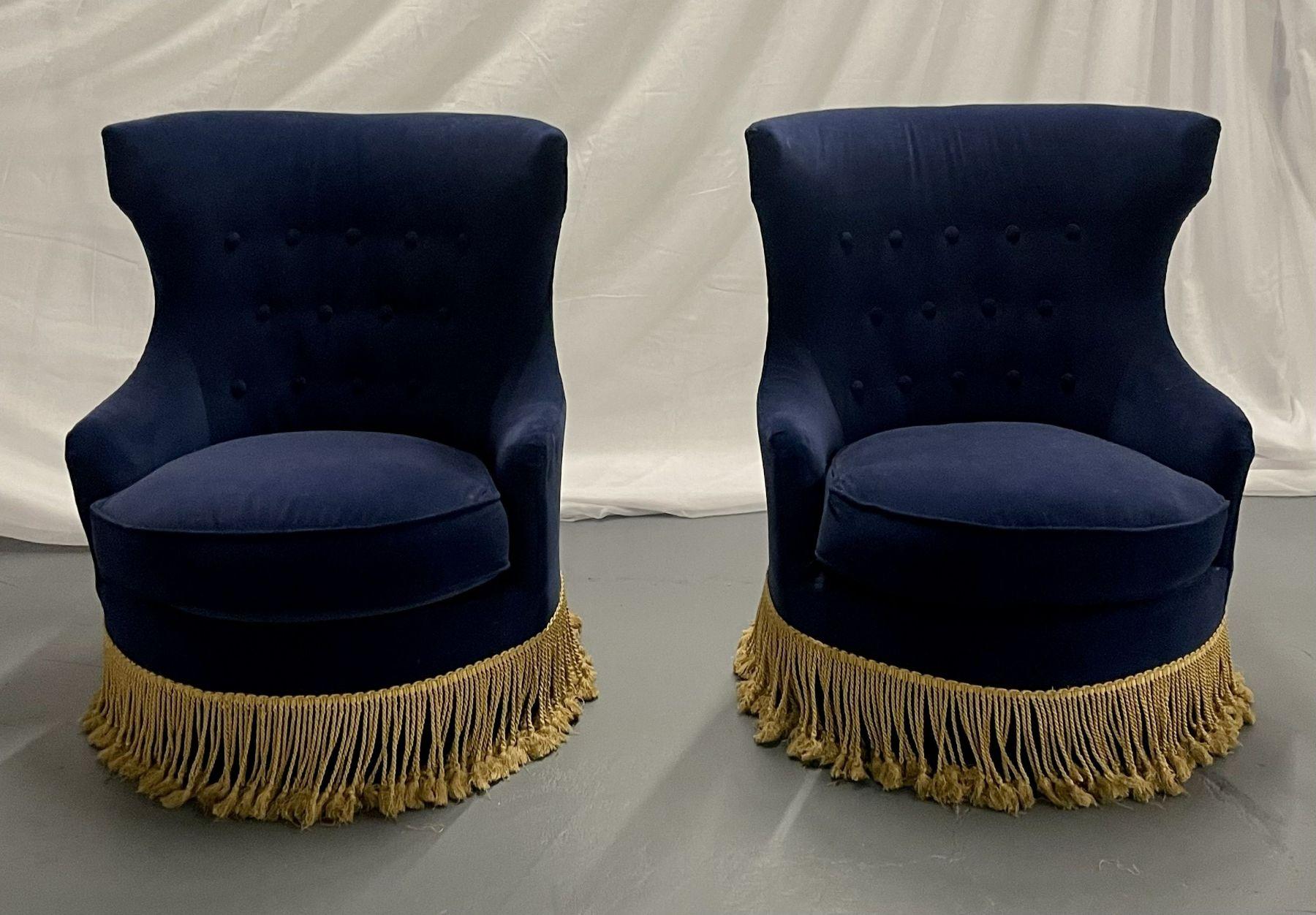 20th Century Pair of Blue Tufted Back Slipper Swivel Chairs, Velvet, Mid-Century Modern