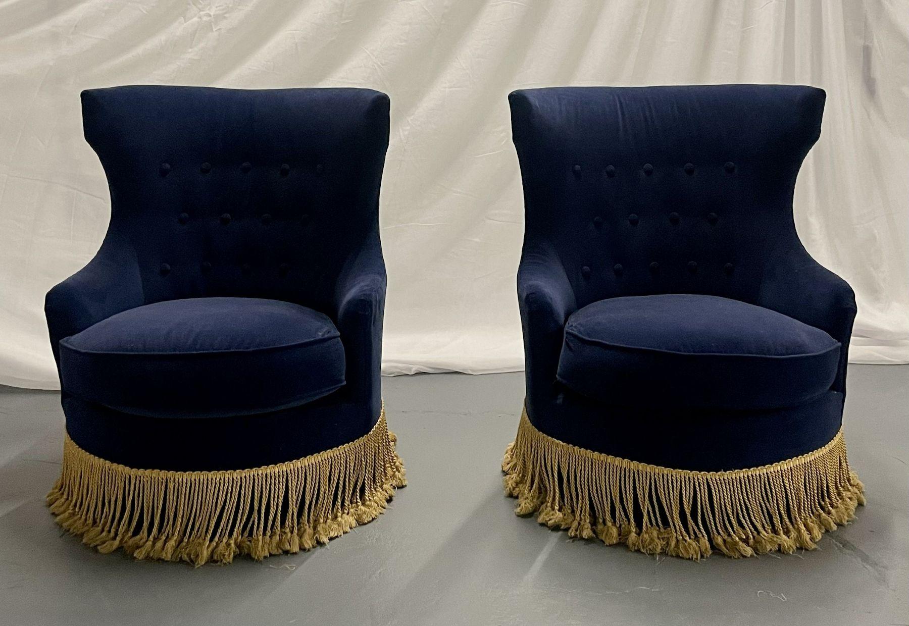Pair of Blue Tufted Back Slipper Swivel Chairs, Velvet, Mid-Century Modern 1