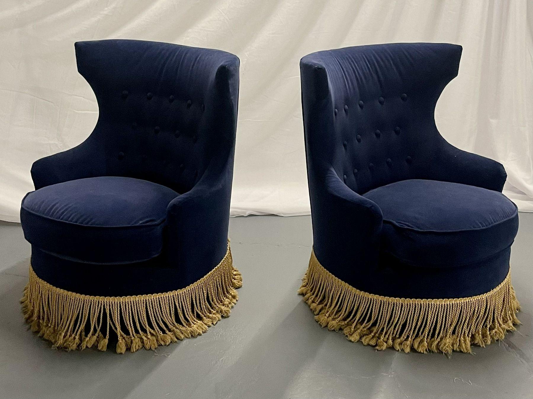 Pair of Blue Tufted Back Slipper Swivel Chairs, Velvet, Mid-Century Modern 2