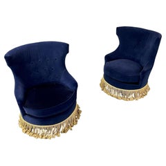 Pair of Blue Tufted Back Slipper Swivel Chairs, Velvet, Mid-Century Modern