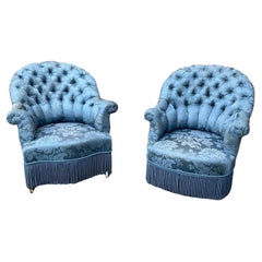 Pair of Blue Tufted French Napoleon III Armchairs 