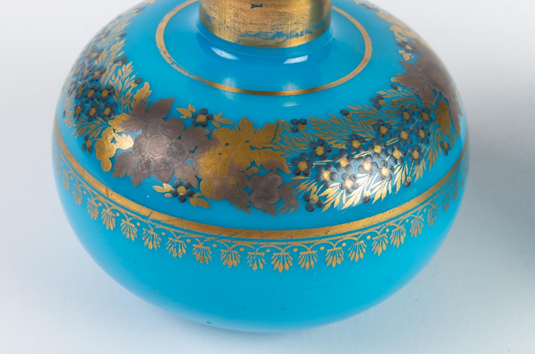 French Pair of Blue Turquoise Opaline Bottles, Charles X